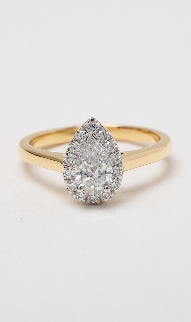 Hogans Family Jewellers 18K YWG Pear Cut Halo Diamond Ring