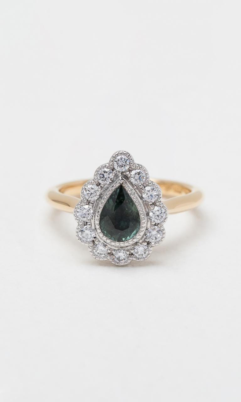 Hogans Family Jewellers 18K YWG Pear Cut Sapphire Halo Ring