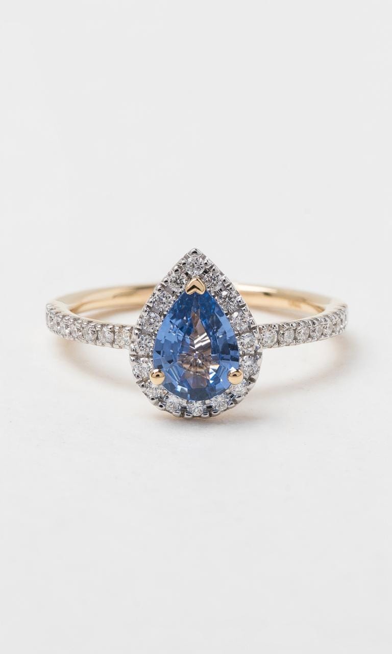 Hogans Family Jewellers 18K YWG Pear Cut Sapphire Halo Ring