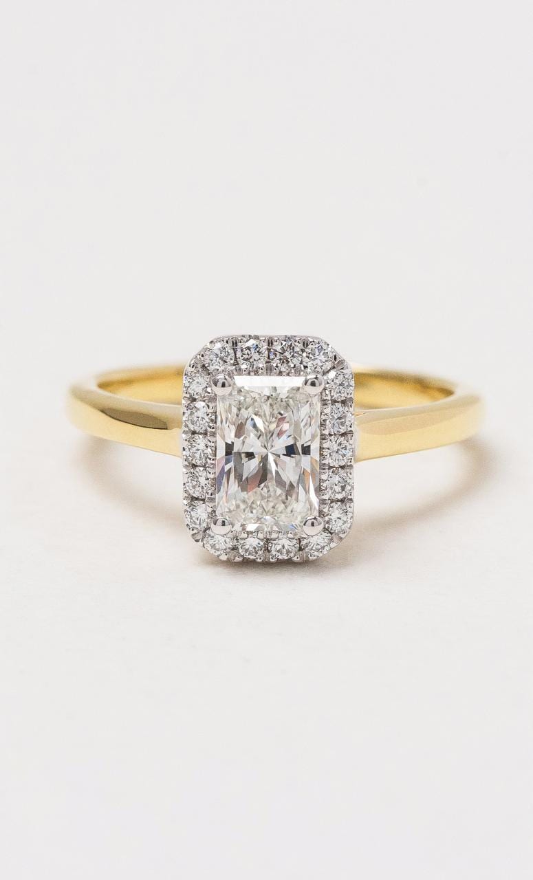 Hogans Family Jewellers 18K YWG Radiant Diamond Halo Ring