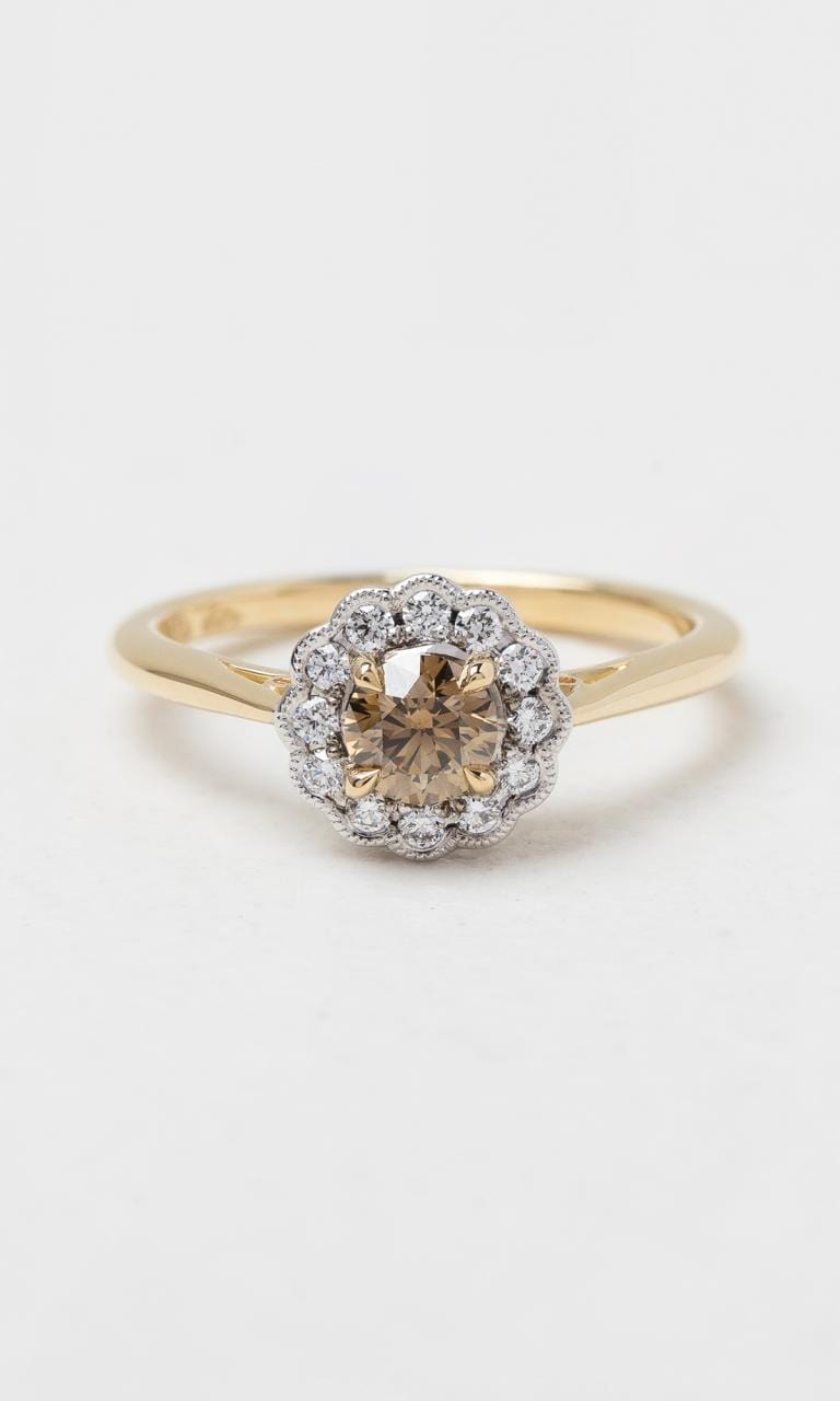Hogans Family Jewellers 18K YWG Round Brilliant Cut Argyle Champagne Diamond Cluster Ring