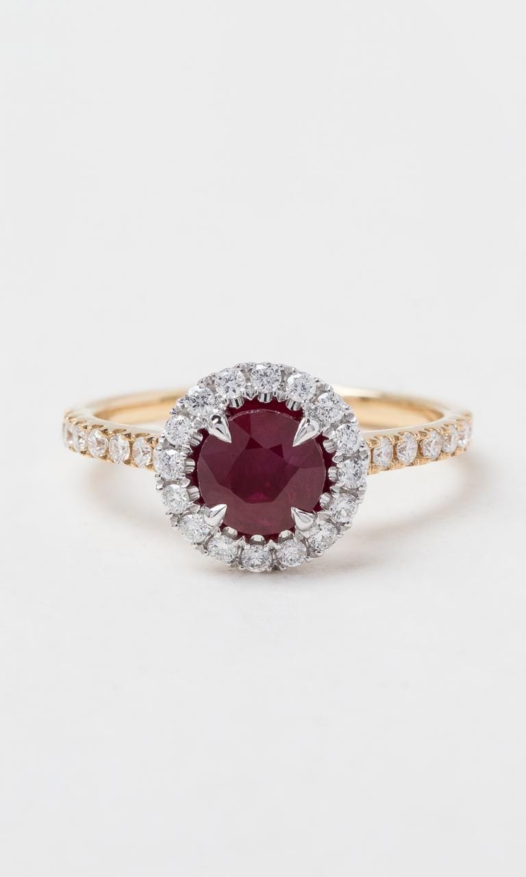 Hogans Family Jewellers 18K YWG Round Brilliant Cut Burmese Ruby Halo Ring