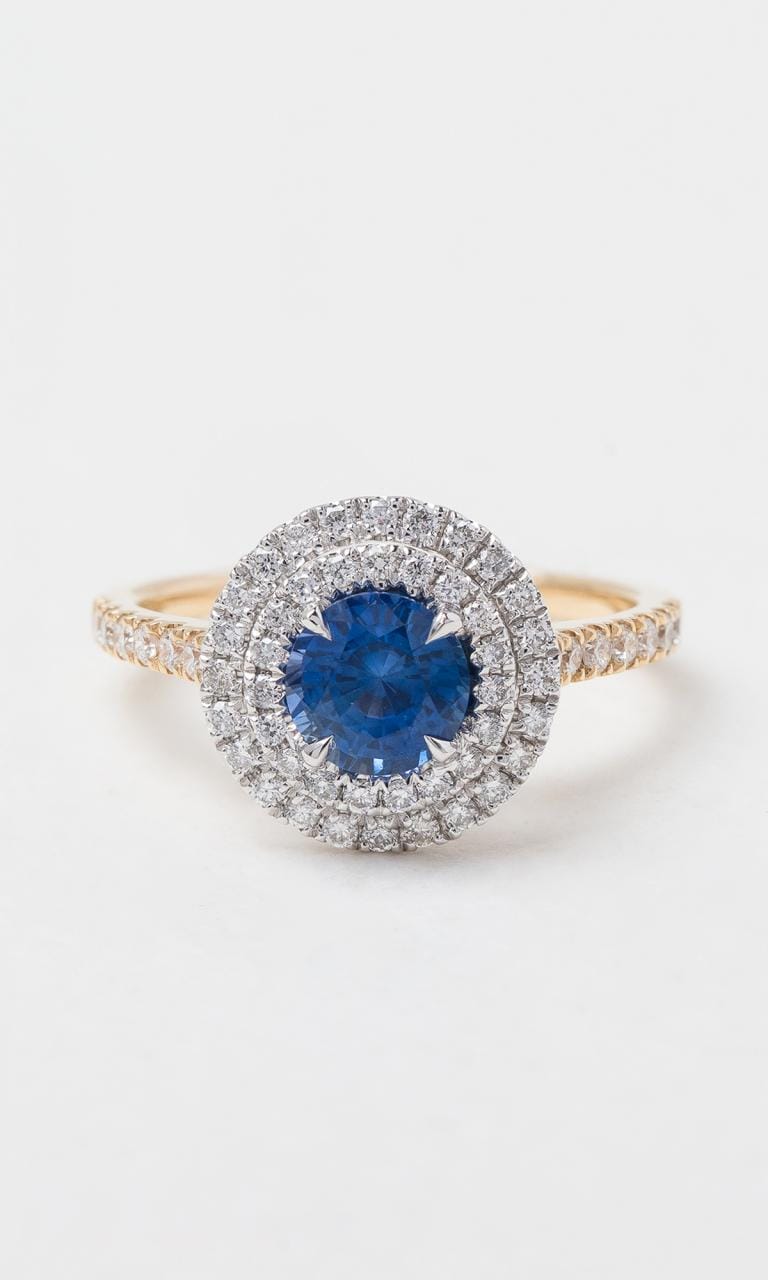 Hogans Family Jewellers 18K YWG Round Brilliant Cut Ceylon Sapphire Cluster Ring