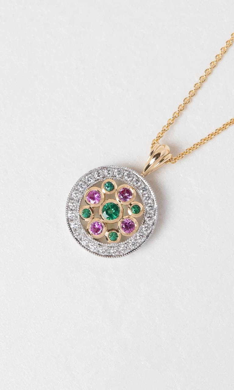 Hogans Family Jewellers 18K YWG Round Brilliant Cut Emerald & Sapphire Cluster Pendant