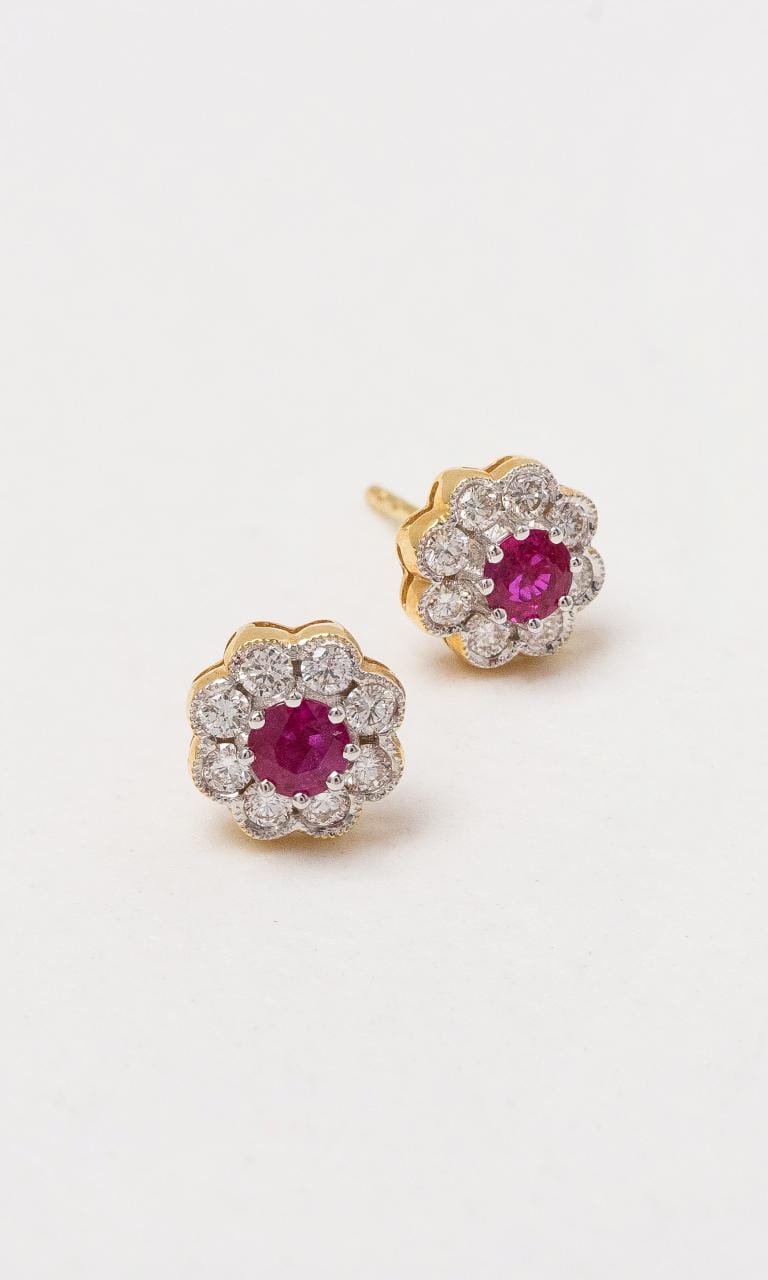 Hogans Family Jewellers 18K YWG Ruby Halo Floral Stud Earrings