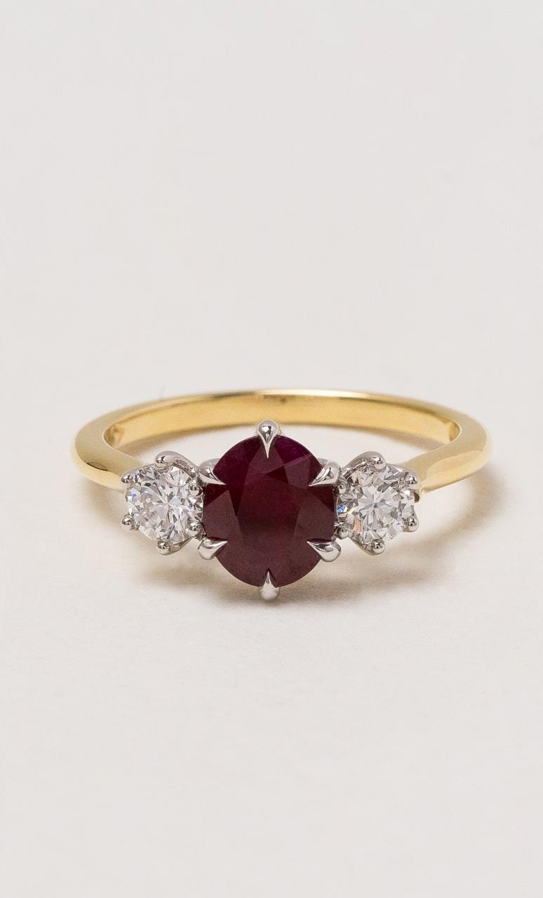 Hogans Family Jewellers 18K YWG Trilogy Oval Ruby Ring