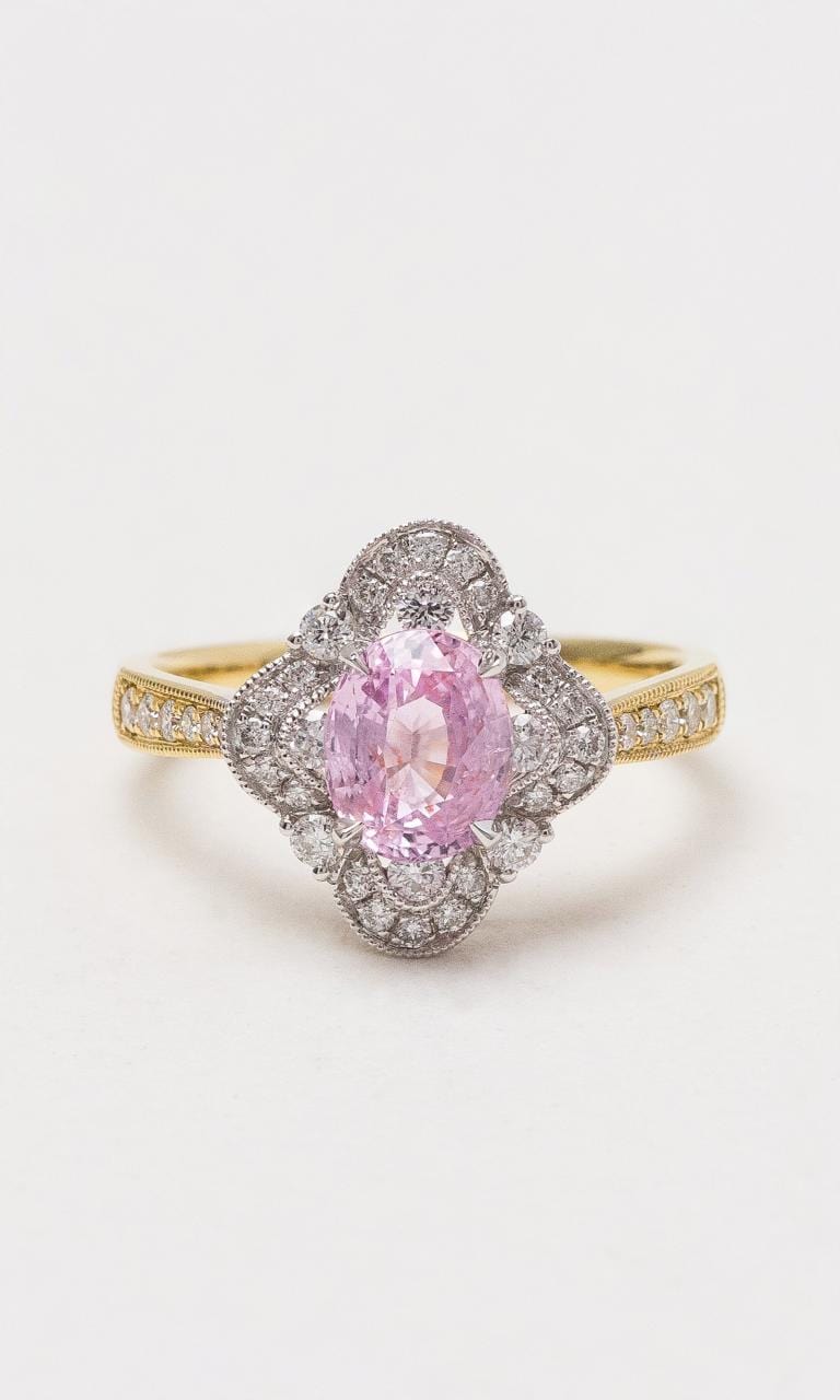 Hogans Family Jewellers 18K YWG Vintage Style Padparadscha Sapphire Ring