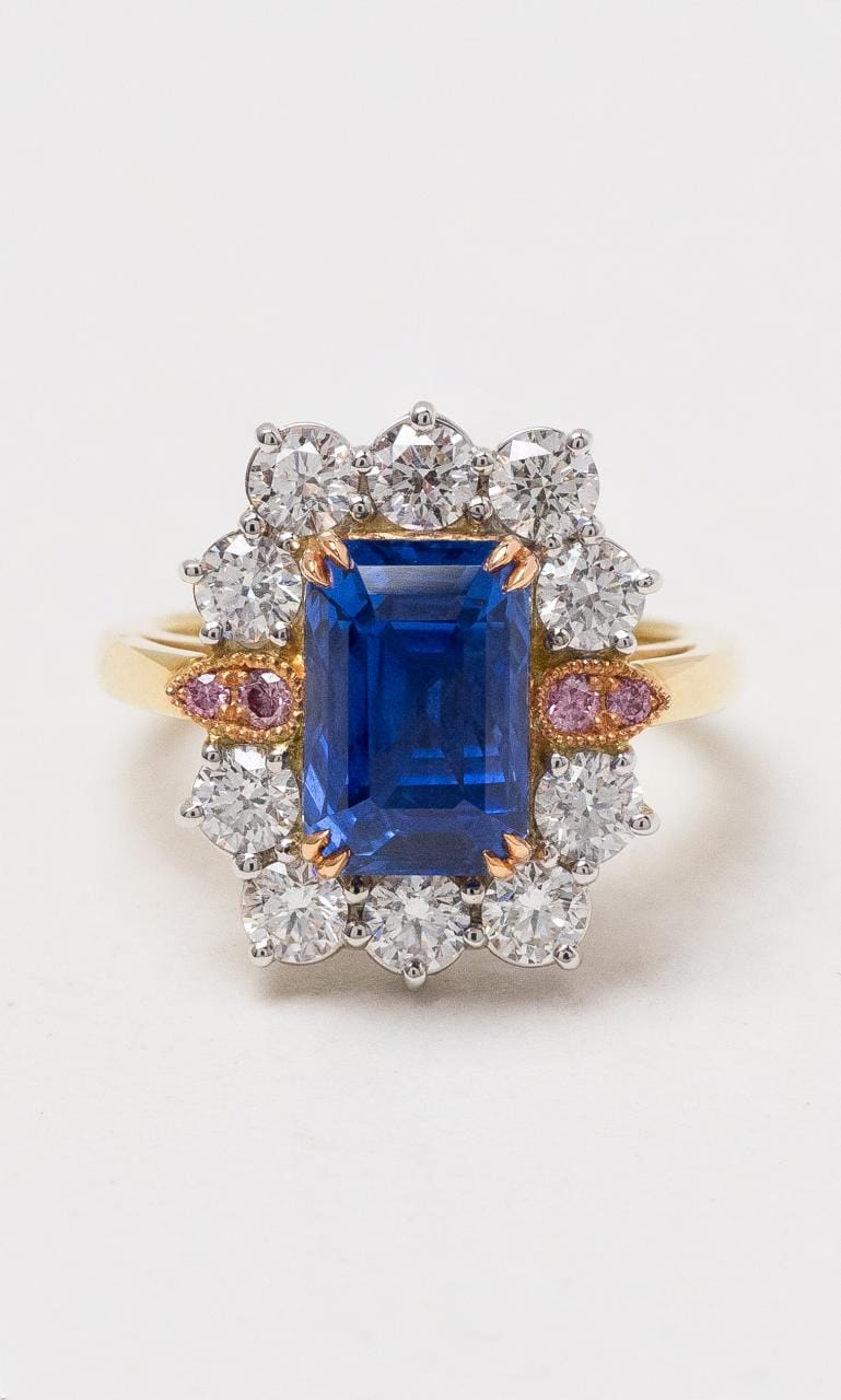 Hogans Family Jewellers 18K YWRG Emerald Cut Ceylon Sapphire & Diamond Ring