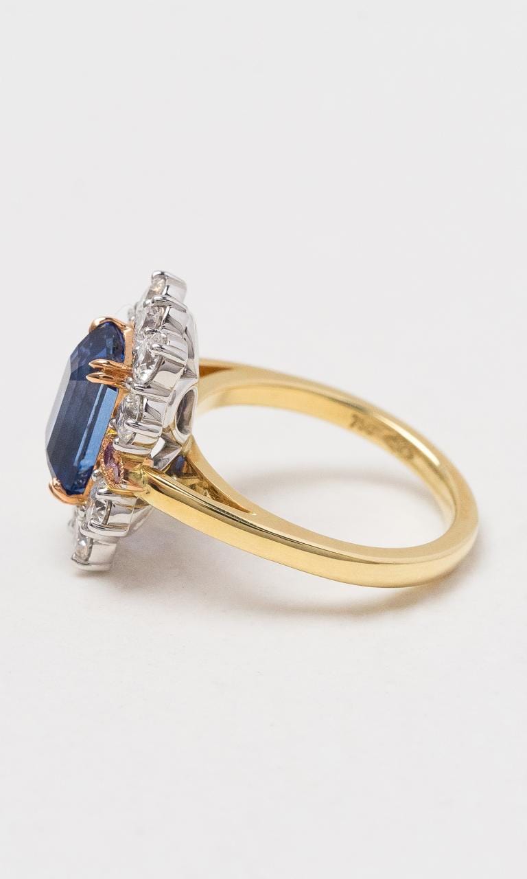 Hogans Family Jewellers 18K YWRG Emerald Cut Ceylon Sapphire & Diamond Ring