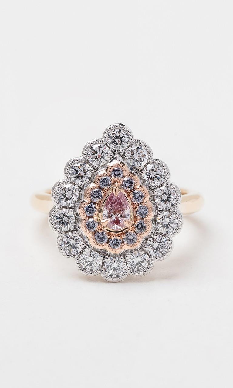 Hogans Family Jewellers 18K YWRG Pear Cut Australian Pink & Blue Diamond Halo Ring