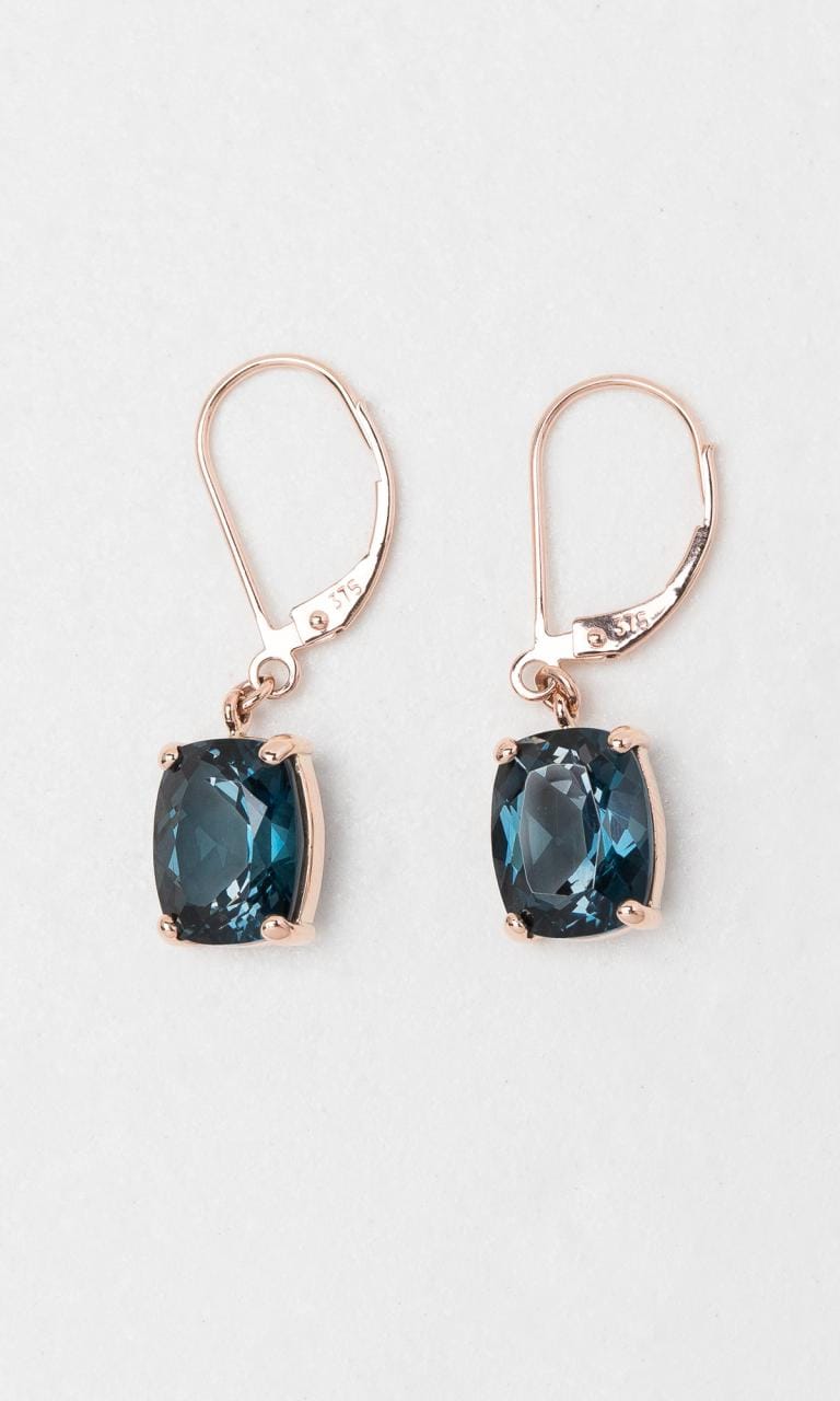 Hogans Family Jewellers 9K RG Cushion Cut London Blue Topaz Drop Earrings