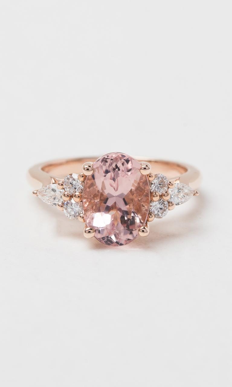 Hogans Family Jewellers 9K RG Oval Cut Morganite Tri-Cluster Trilogy Dress Ring