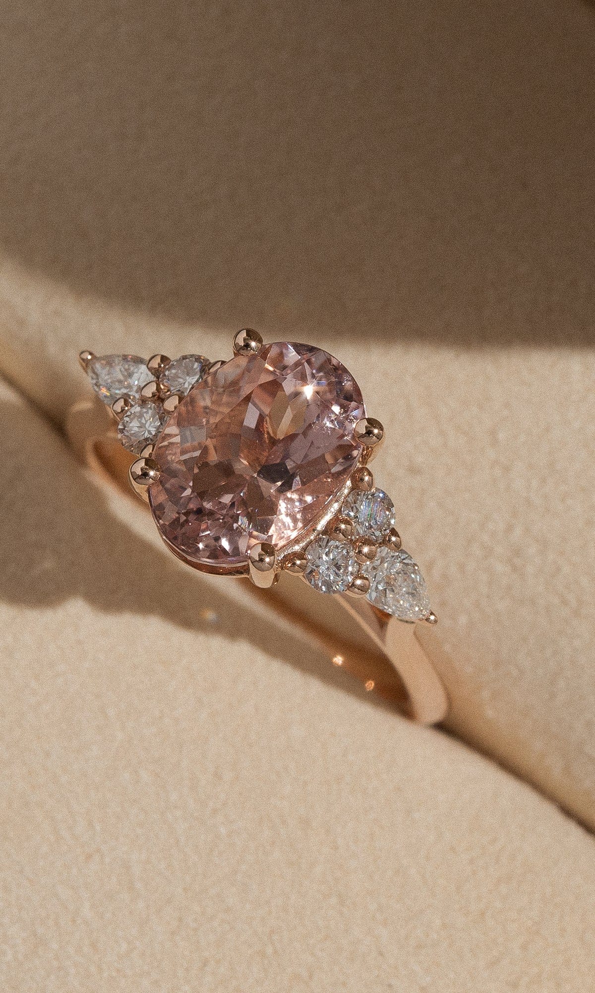 Hogans Family Jewellers 9K RG Oval Cut Morganite Tri-Cluster Trilogy Dress Ring