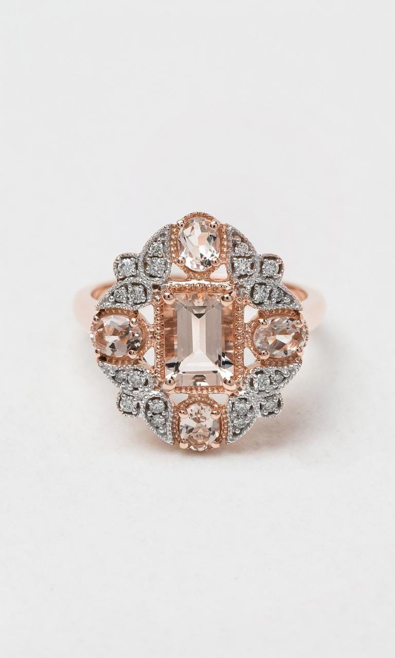Hogans Family Jewellers 9K RWG Emerald Cut Morganite Vintage Cluster Dress Ring