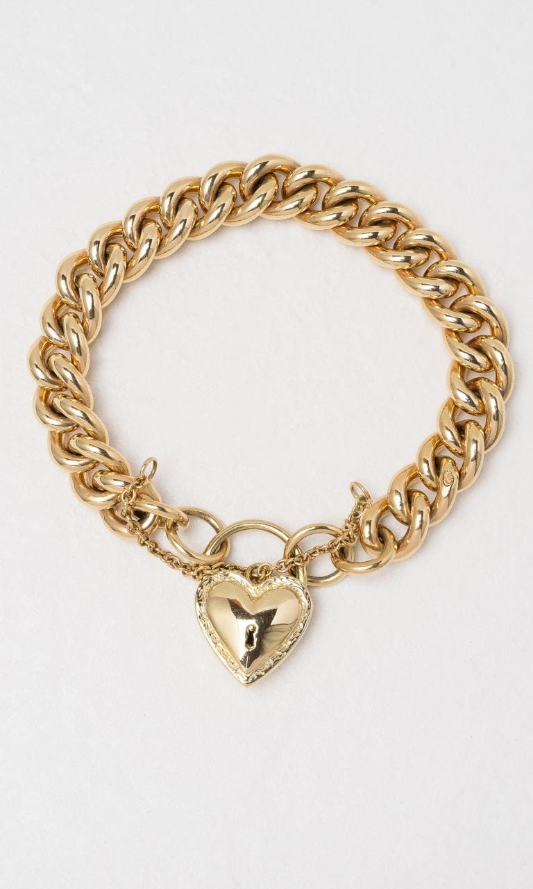 Hogans Family Jewellers 9K YG Solid Curb Bracelet With Decorative Heart Padlock