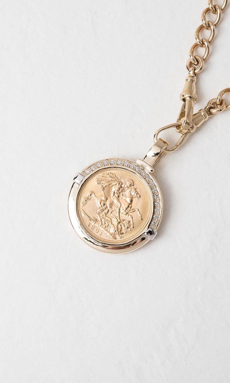 Hogans Family Jewellers 9K YWG 0.22ct TDW Full Sovereign Coin Diamond Set Pendant