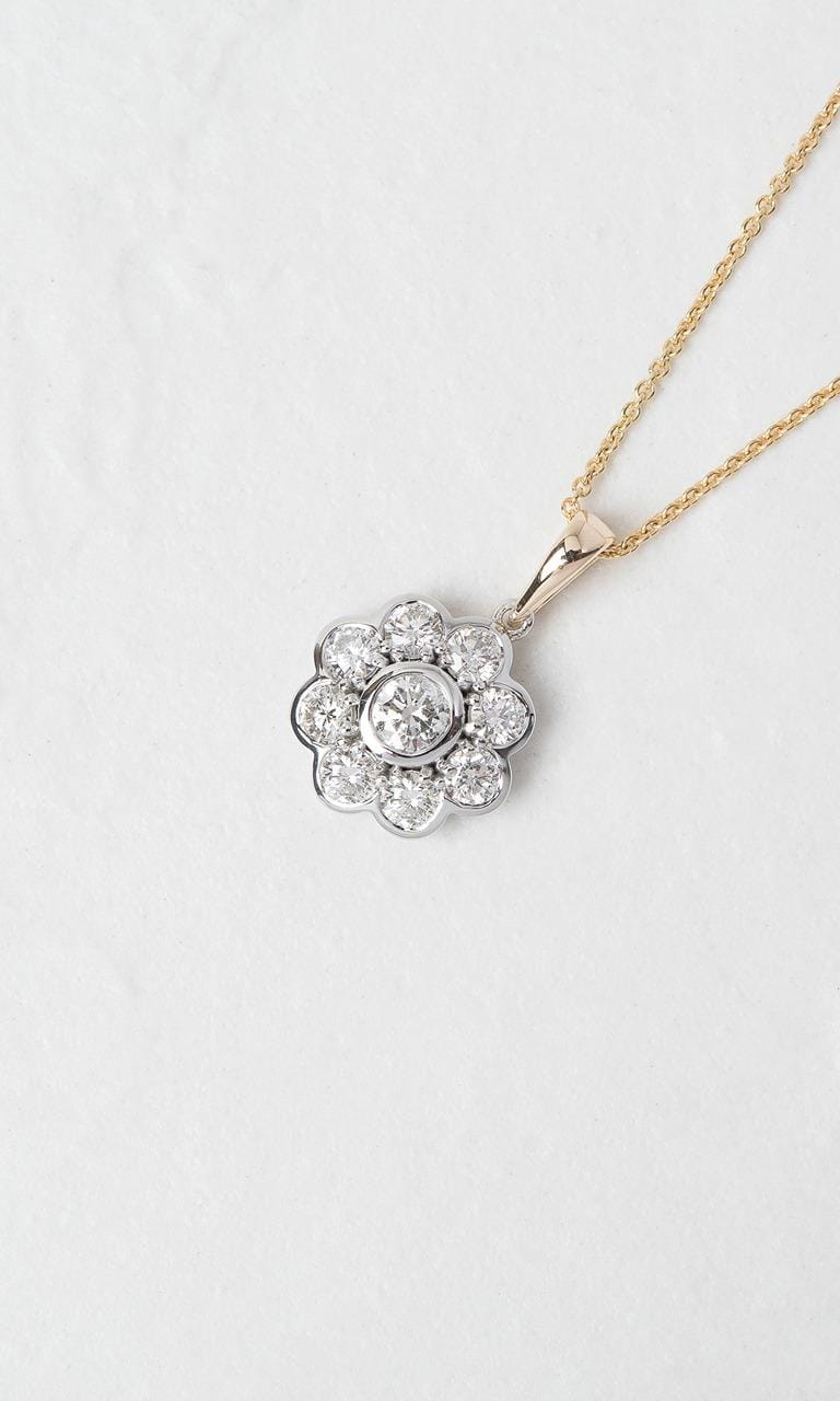 Hogans Family Jewellers 9K YWG 1.22ct TDW Round Brilliant Cut Diamond Floral Halo Pendant