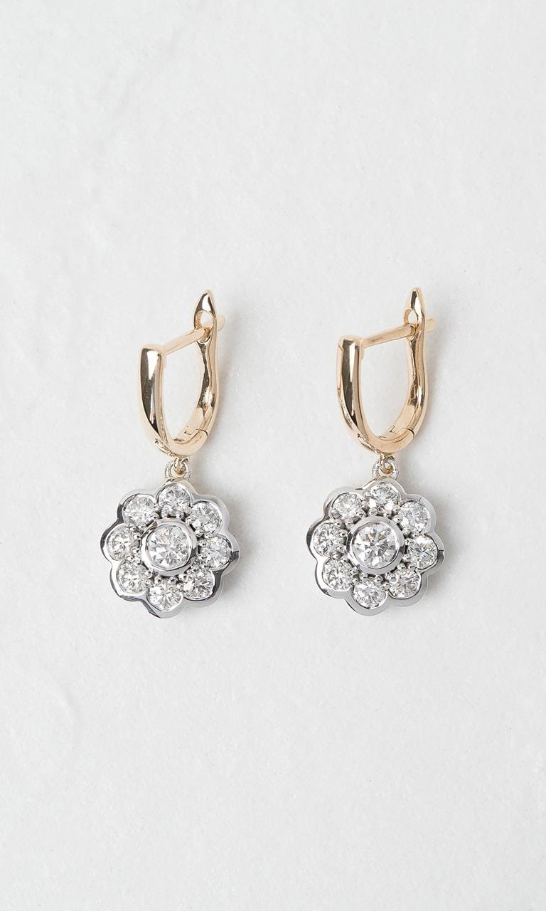 Hogans Family Jewellers 9K YWG 1.59ct TDW Round Brilliant Cut Diamond Floral Halo Drop Earrings