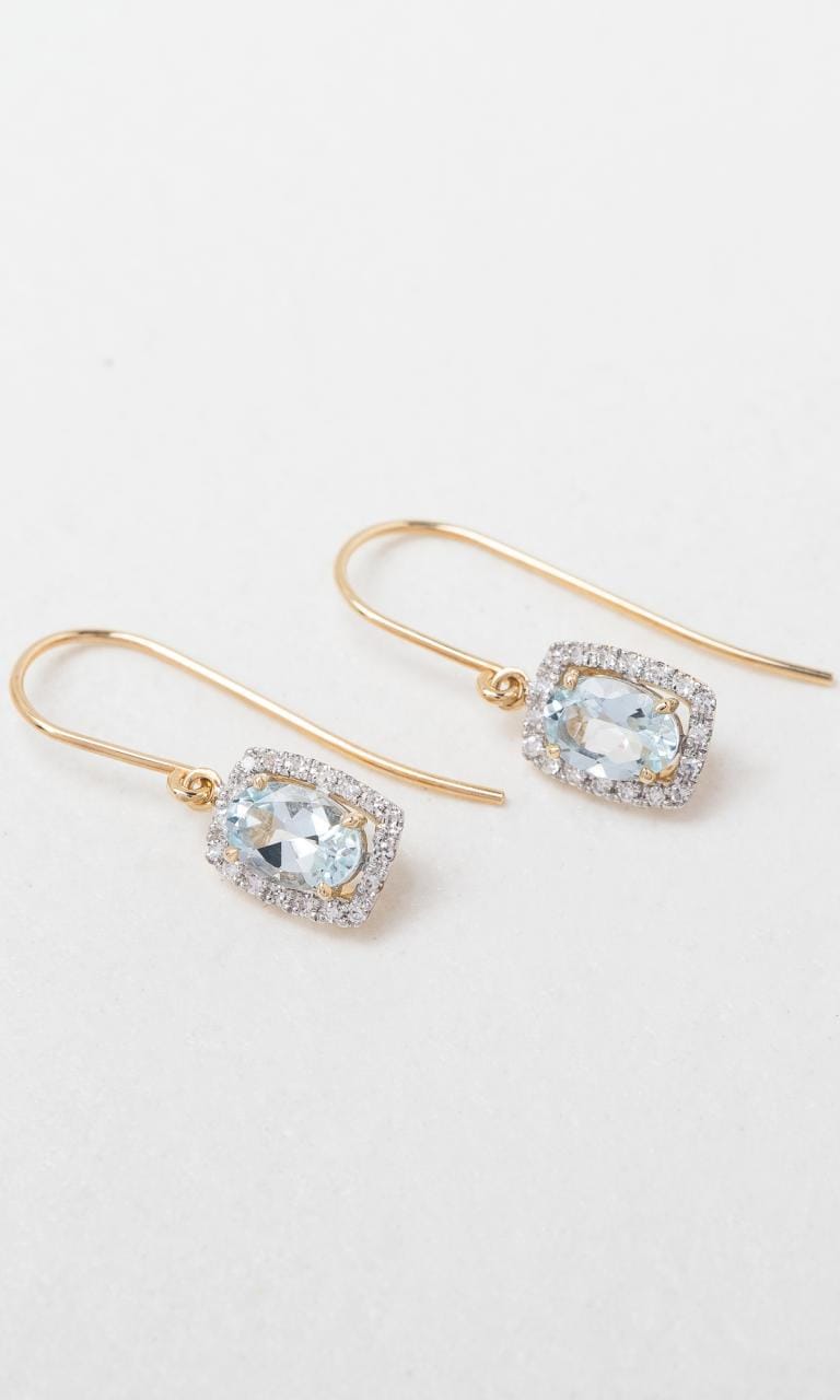 Hogans Family Jewellers 9K YWG Oval Cut Aquamarine Halo Drop Earrings