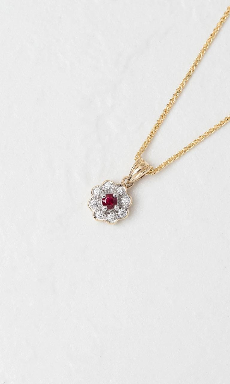 Hogans Family Jewellers 9K YWG Round Brilliant Cut Ruby Halo Pendant
