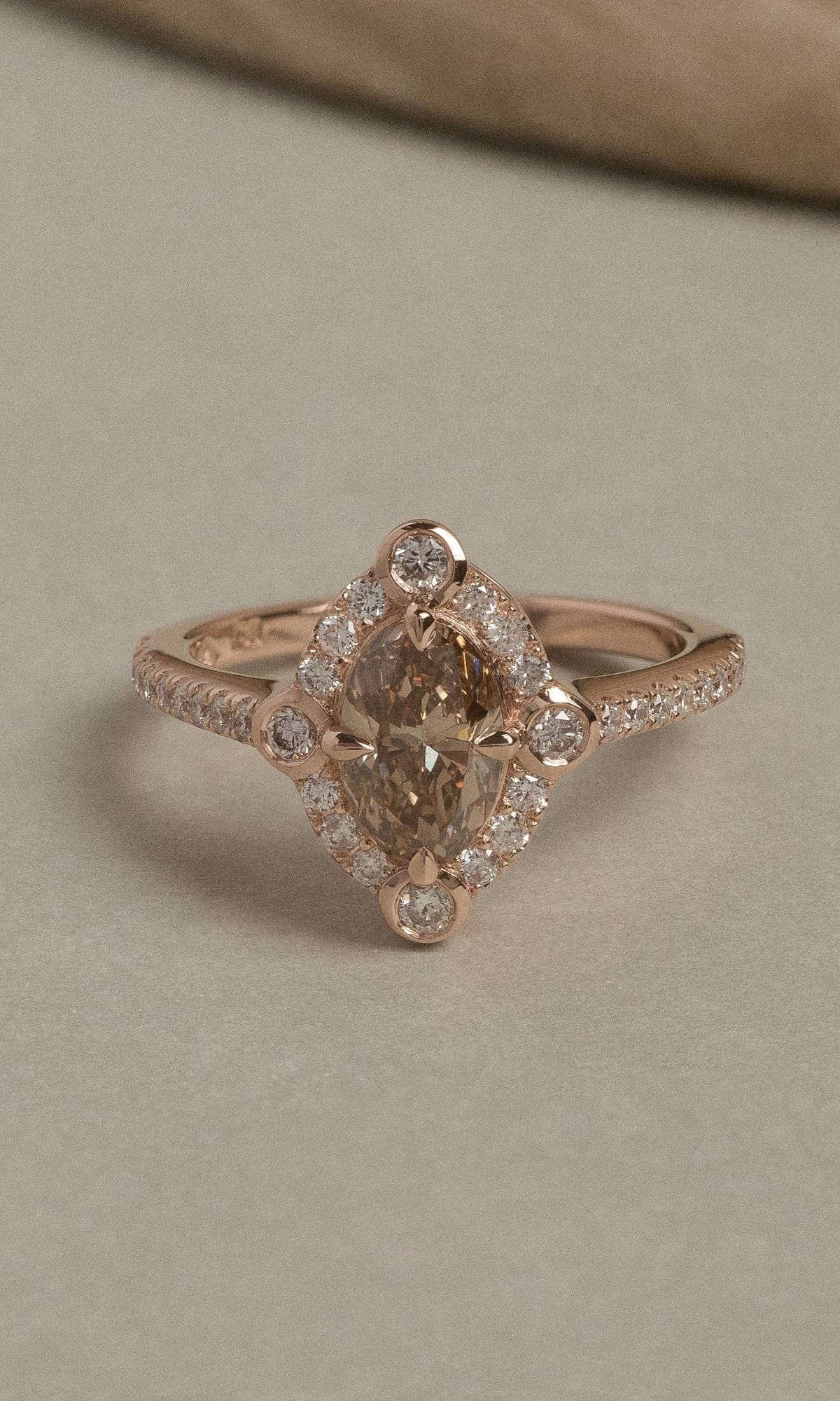 Hogans Family Jewellers Bespoke 18K RG Champagne Diamond Halo Ring