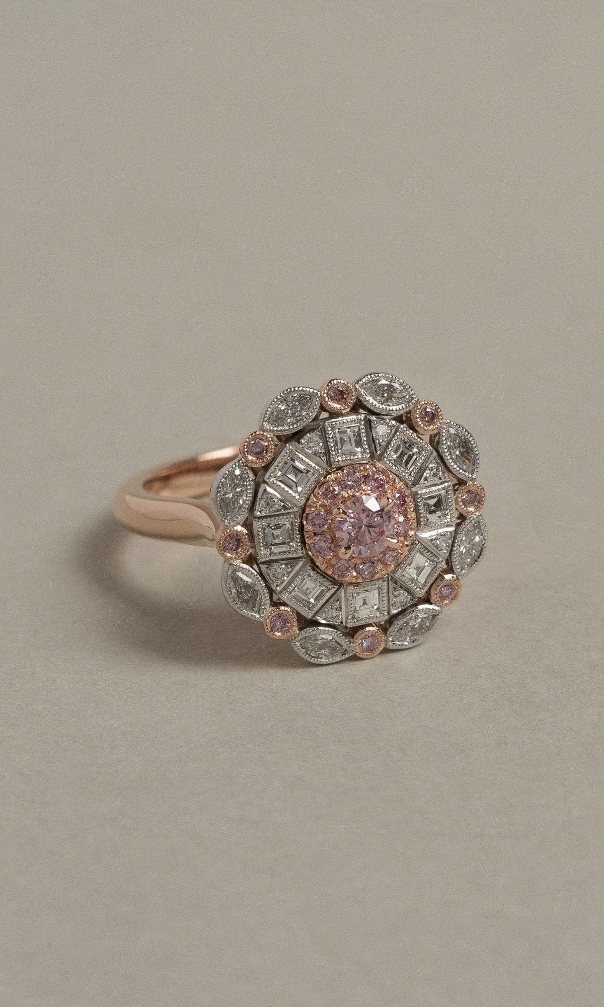 Hogans Family Jewellers Bespoke 18K RWG Australian Pink Diamond Art Deco Cluster Ring