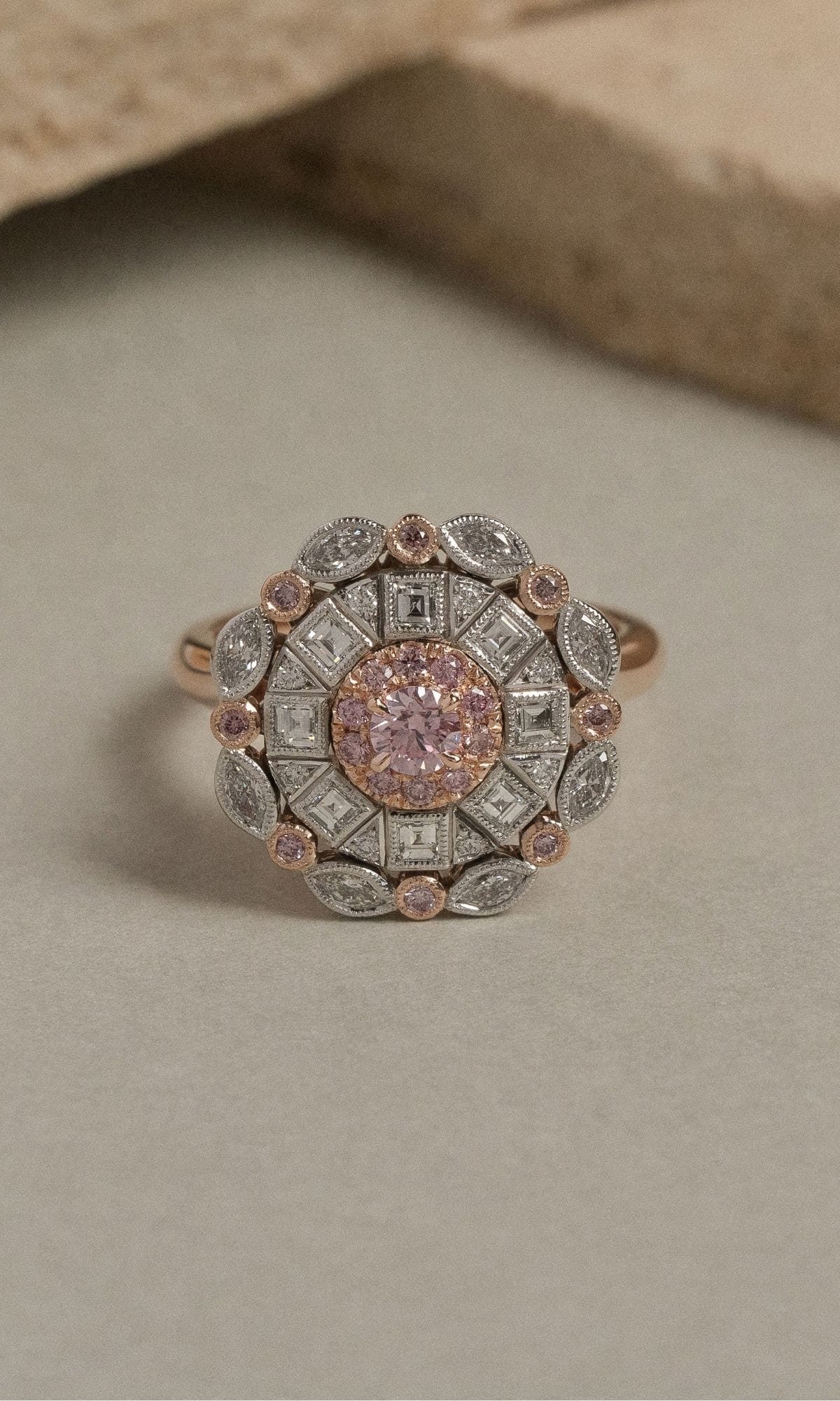 Hogans Family Jewellers Bespoke 18K RWG Australian Pink Diamond Art Deco Cluster Ring