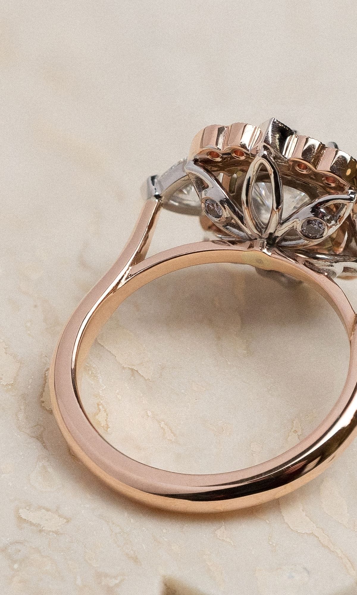 Hogans Family Jewellers Bespoke 18K RWG Cushion Cut Diamond Cluster Ring