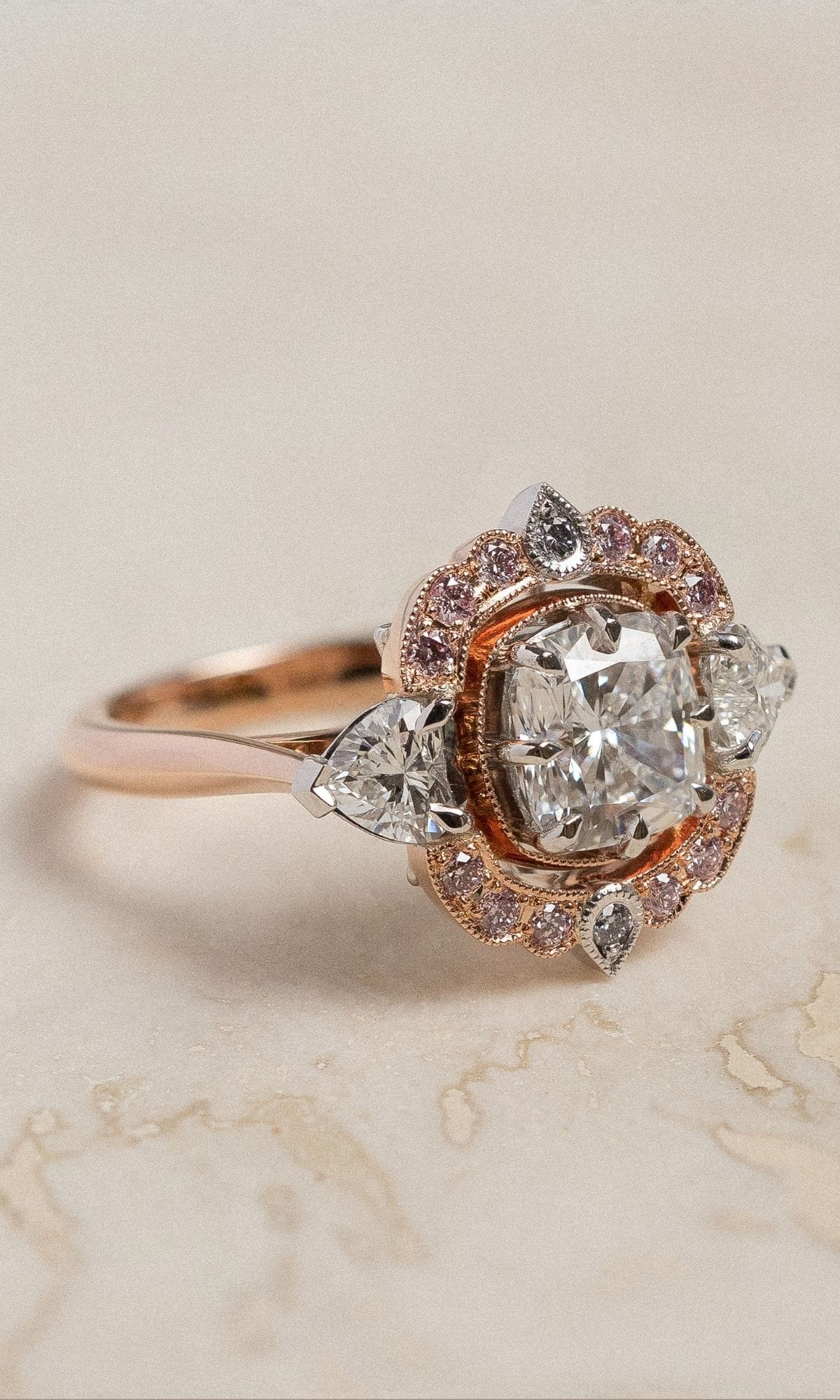Hogans Family Jewellers Bespoke 18K RWG Cushion Cut Diamond Cluster Ring
