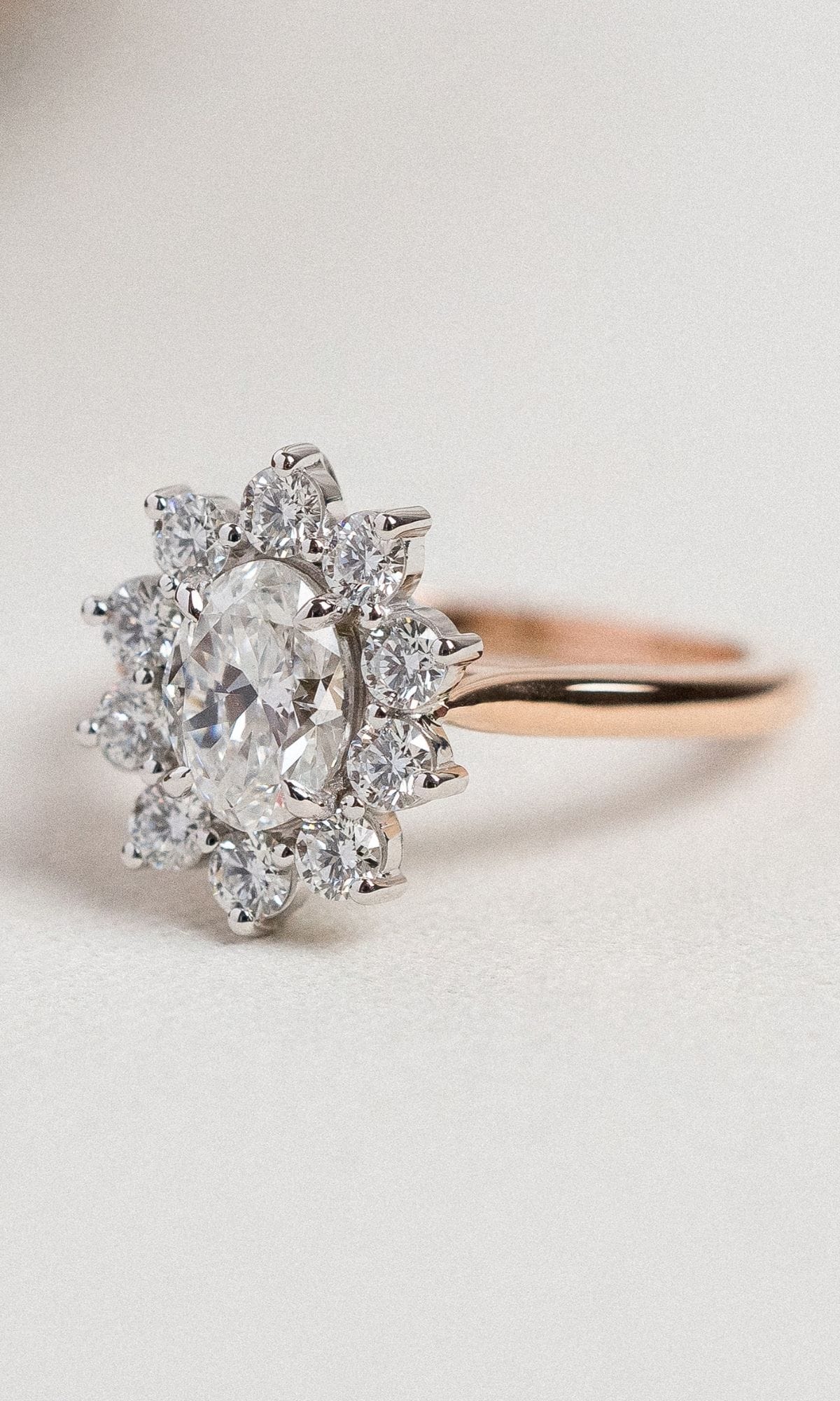 Hogans Family Jewellers Bespoke 18K RWG Diamond Halo Ring