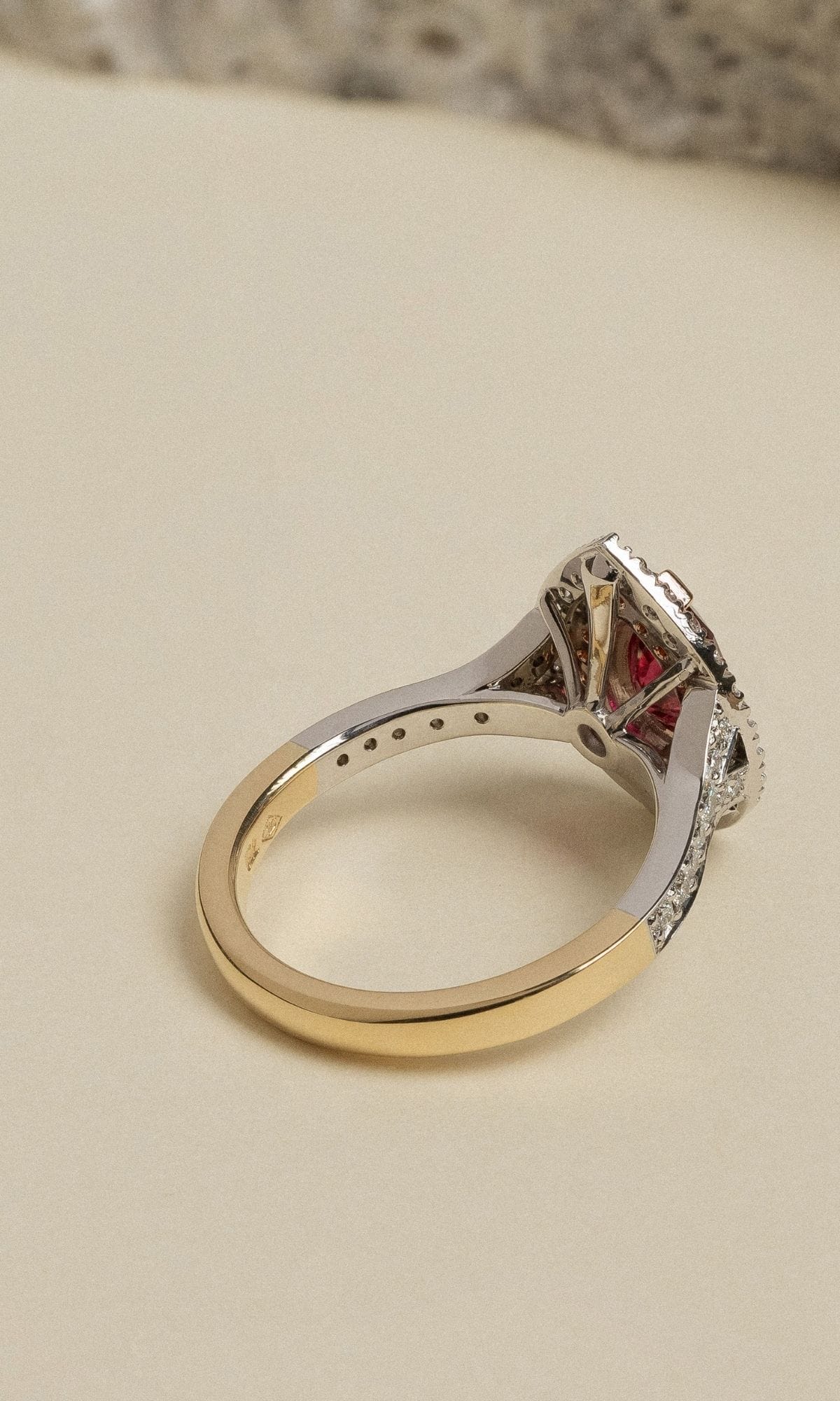 Hogans Family Jewellers Bespoke 18K RWYG Pear Ruby & Diamond Cluster Ring