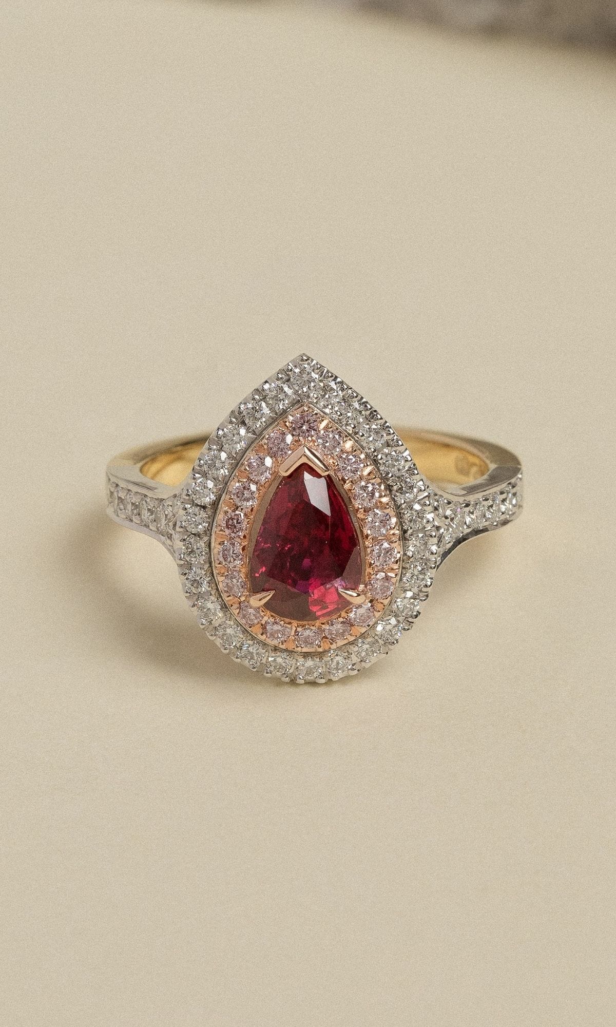Hogans Family Jewellers Bespoke 18K RWYG Pear Ruby & Diamond Cluster Ring