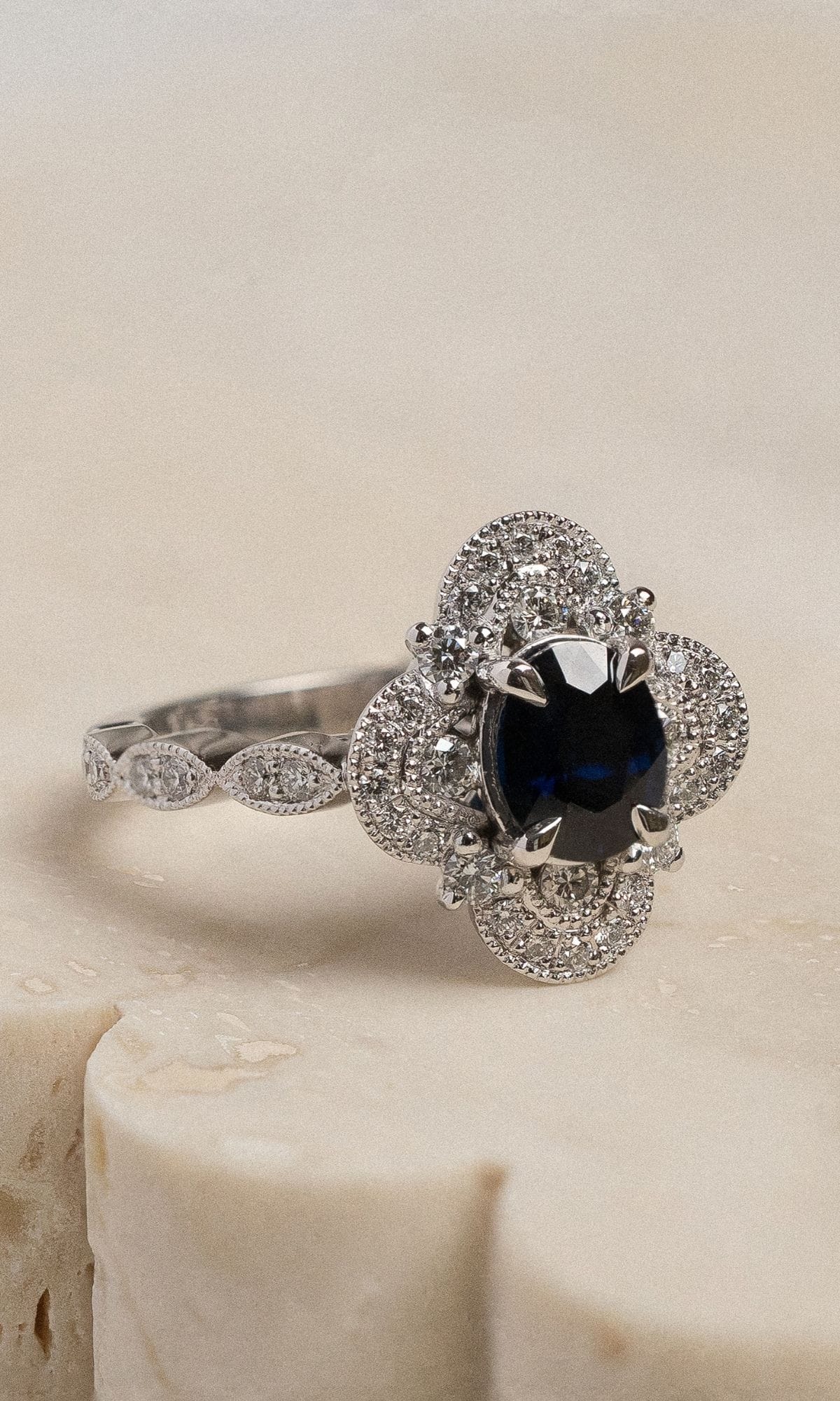 Hogans Family Jewellers Bespoke 18K WG Australian Sapphire & Diamond Cluster Ring