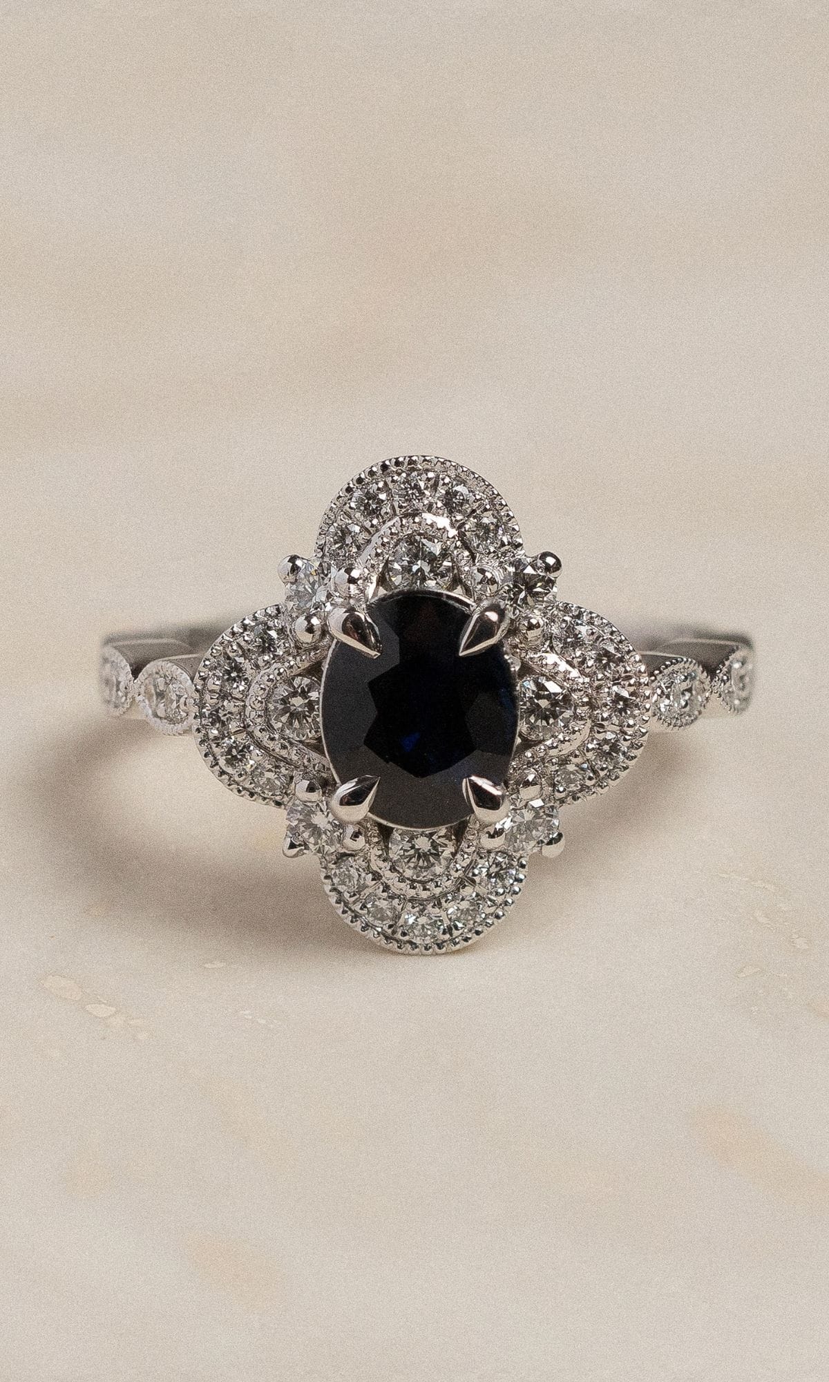 Hogans Family Jewellers Bespoke 18K WG Australian Sapphire & Diamond Cluster Ring