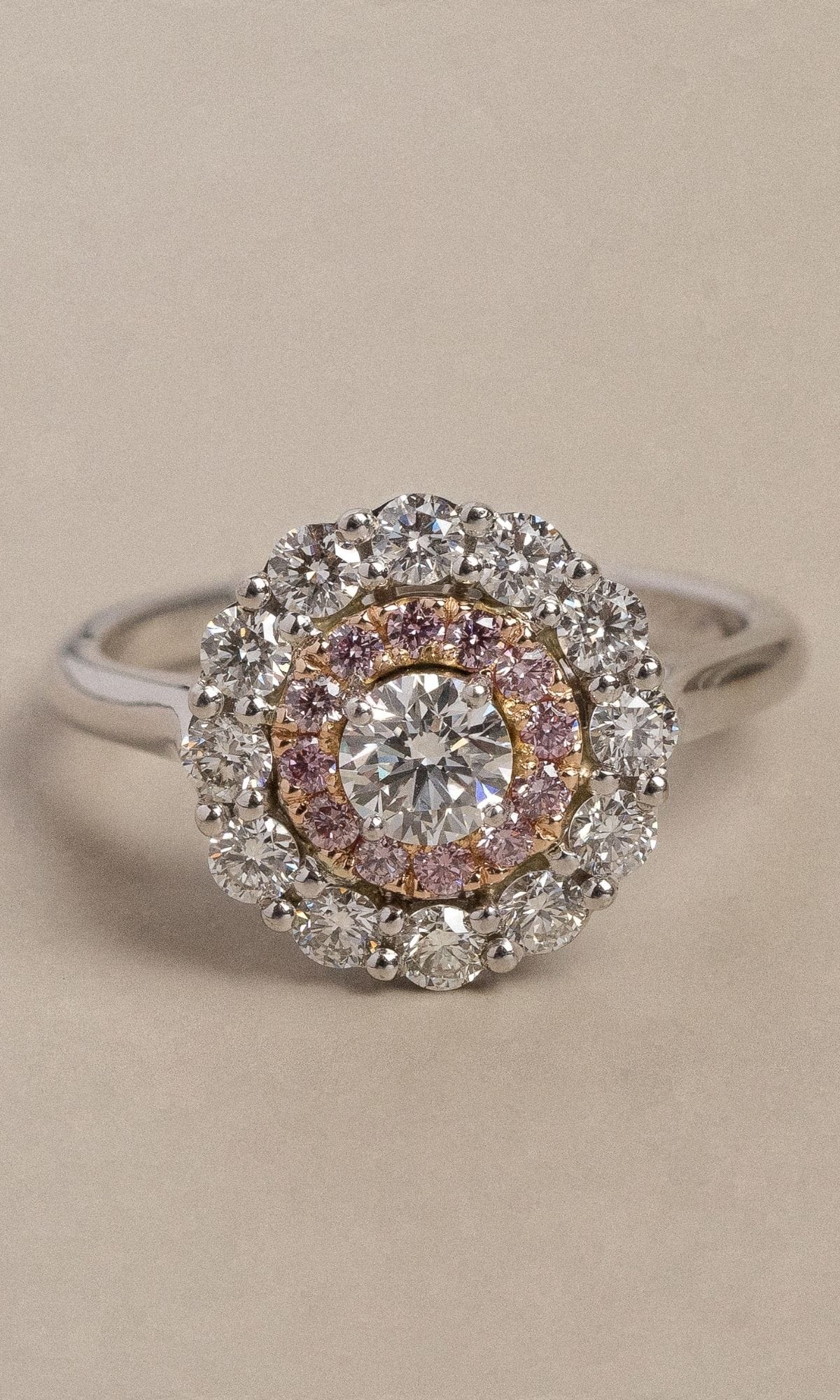 Hogans Family Jewellers Bespoke 18K WRG Australian Pink Diamond Cluster Ring & Band