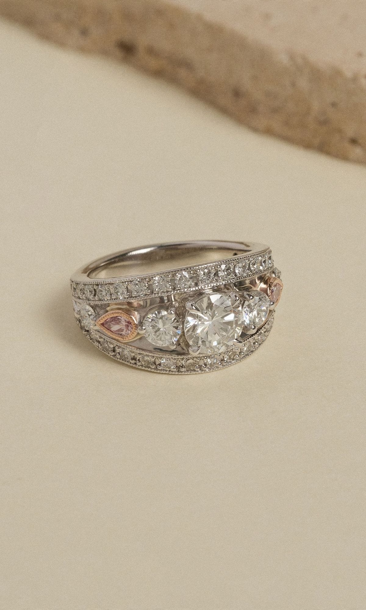 Hogans Family Jewellers Bespoke 18K WRG Diamond & Australian Pink Diamond Wide Dress Band