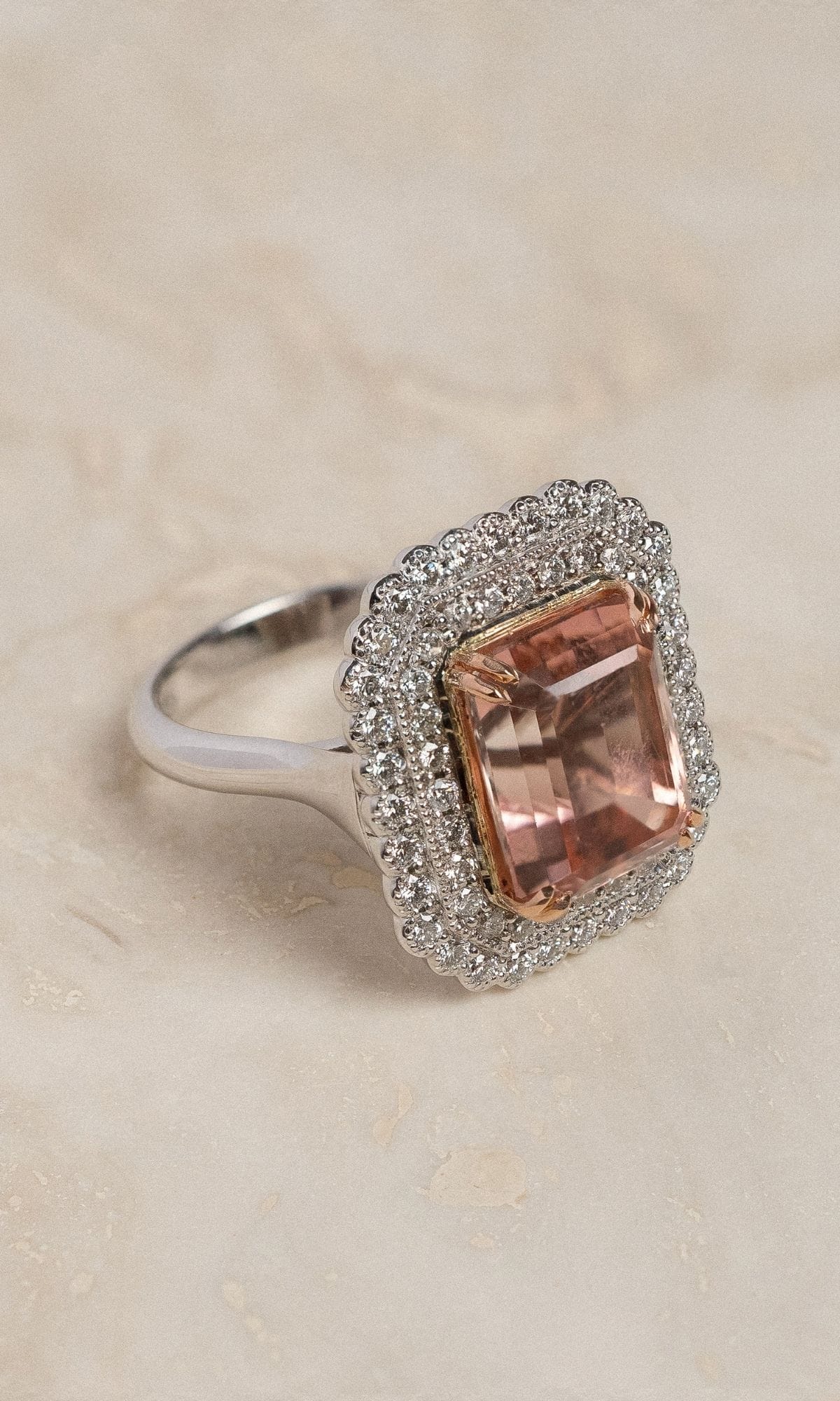 Hogans Family Jewellers Bespoke 18K WRG Tourmaline & Diamond Halo Dress Ring