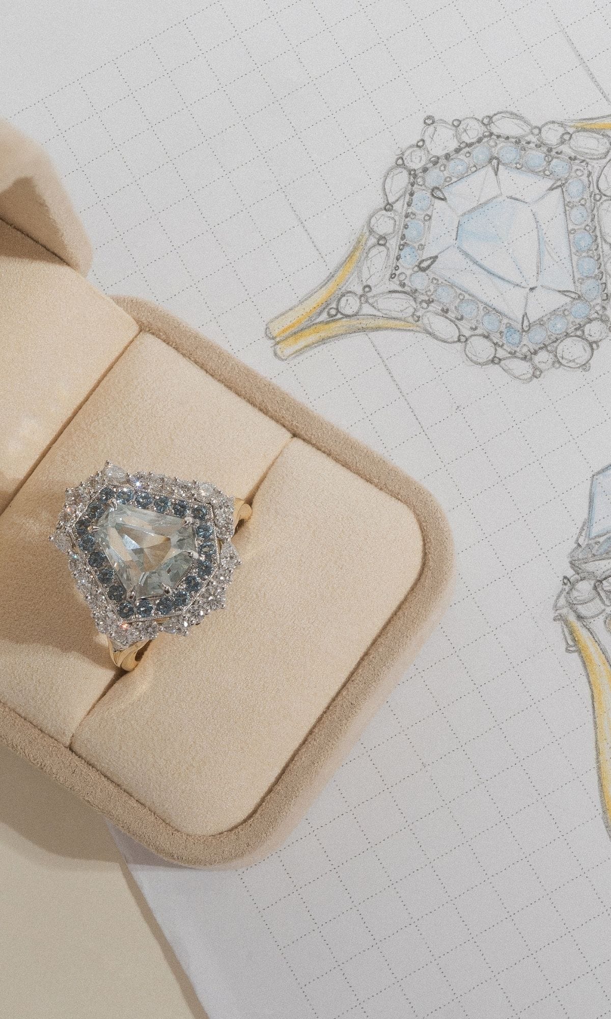Hogans Family Jewellers Bespoke 18K YWG Aquamarine & Diamond Cluster Ring