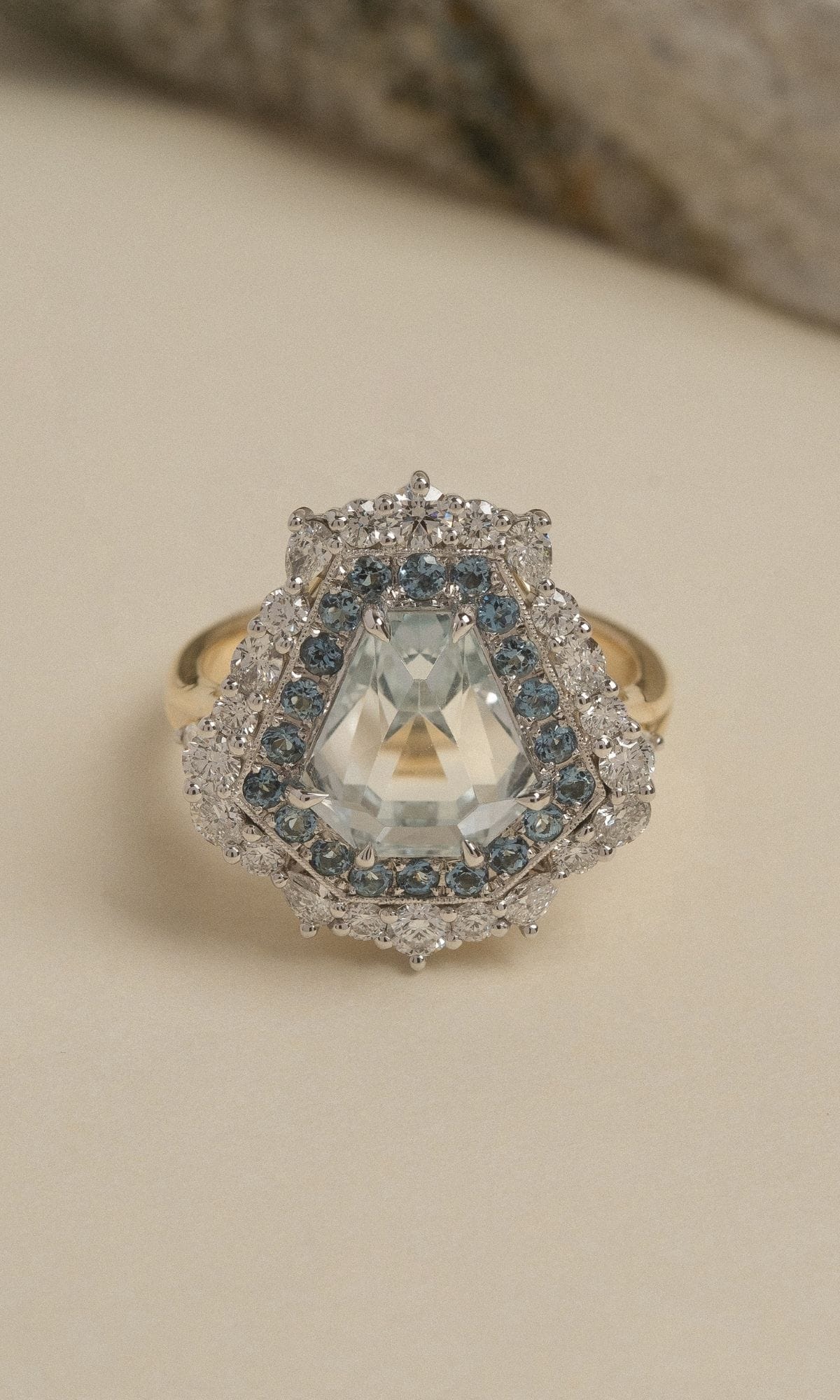 Hogans Family Jewellers Bespoke 18K YWG Aquamarine & Diamond Cluster Ring