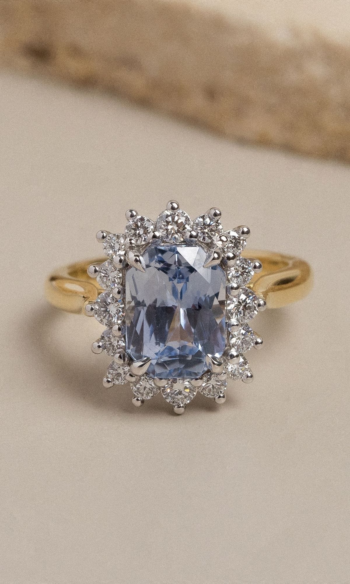 Hogans Family Jewellers Bespoke 18K YWG Ceylon Sapphire Halo Ring