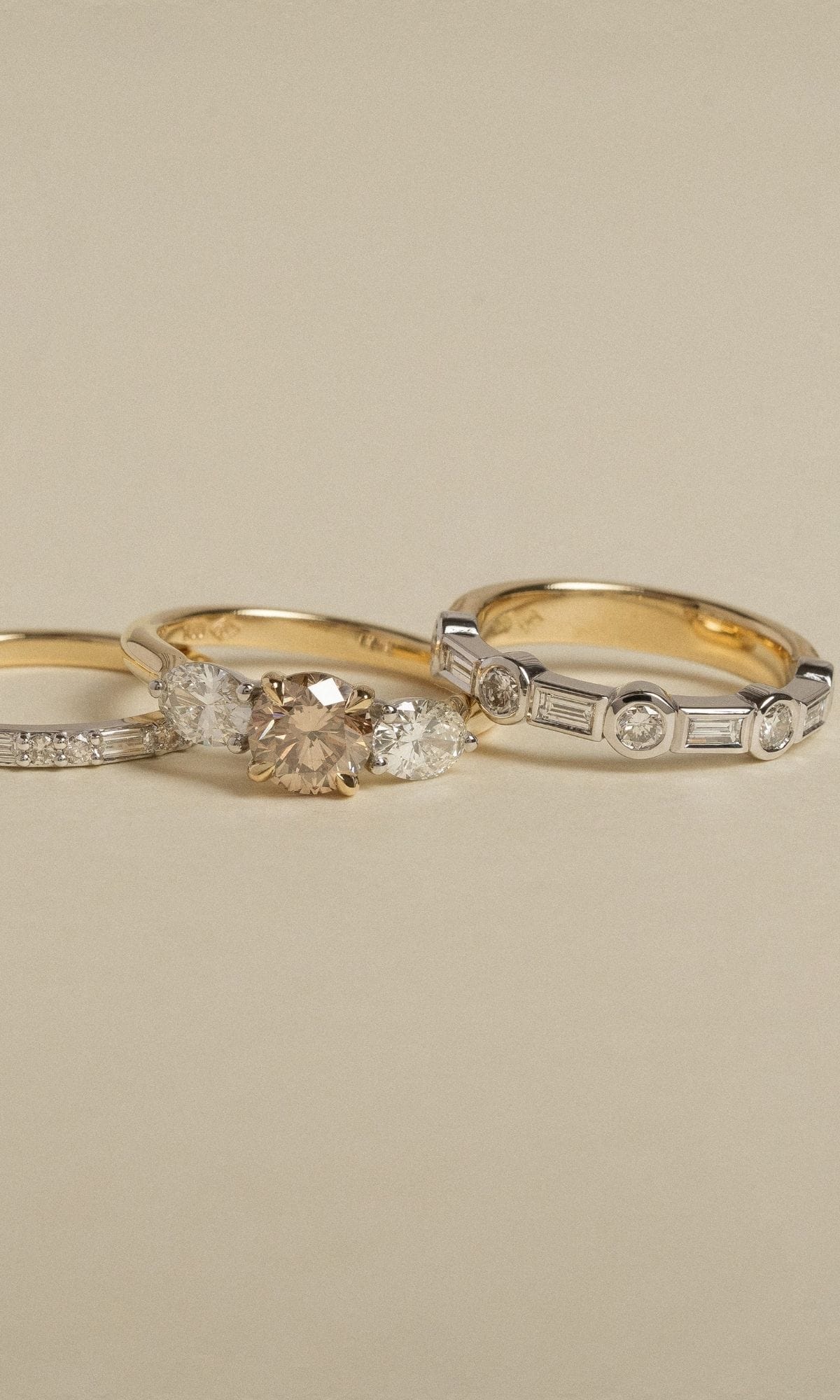 Hogans Family Jewellers Bespoke 18K YWG Champagne Diamond Trilogy Ring & Bands
