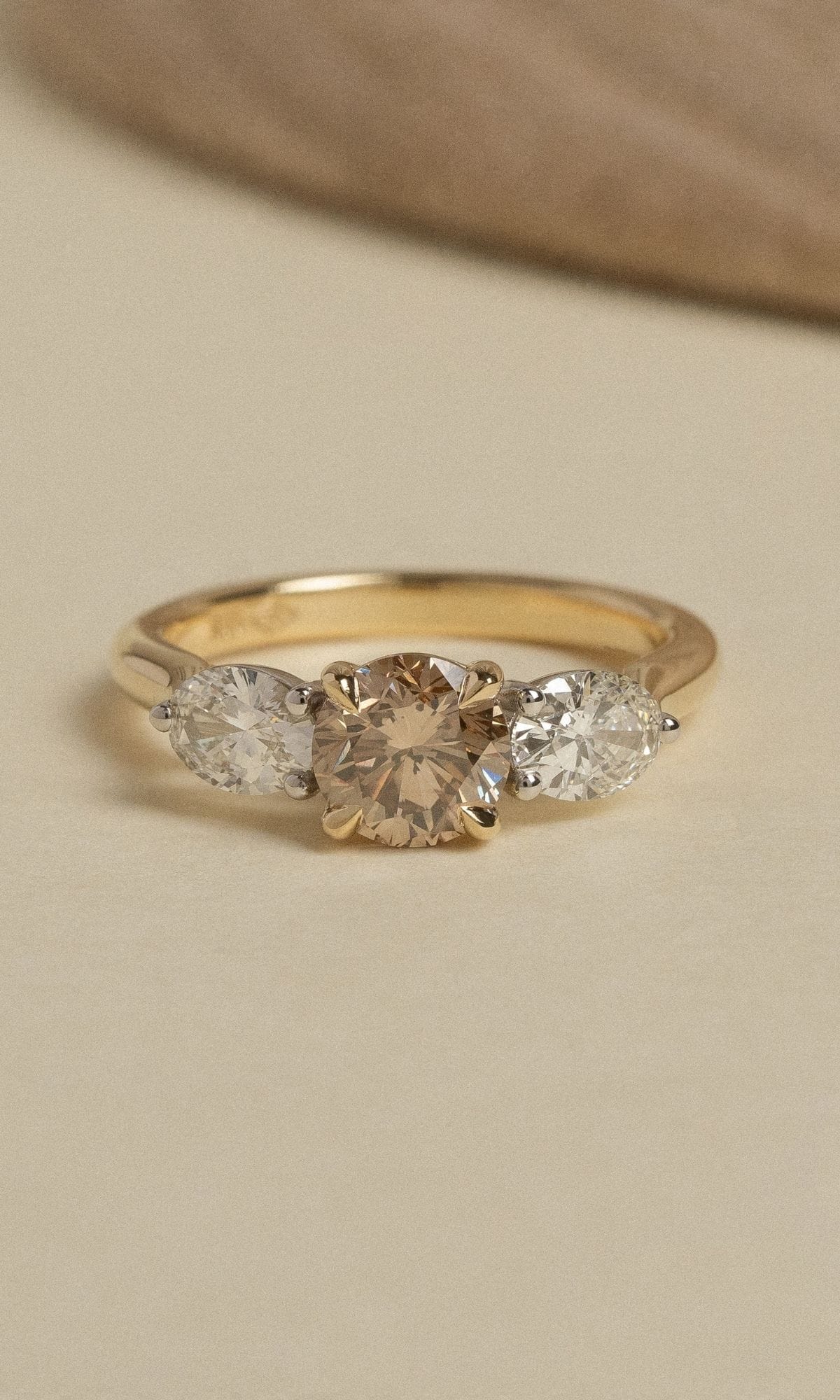 Hogans Family Jewellers Bespoke 18K YWG Champagne Diamond Trilogy Ring & Bands