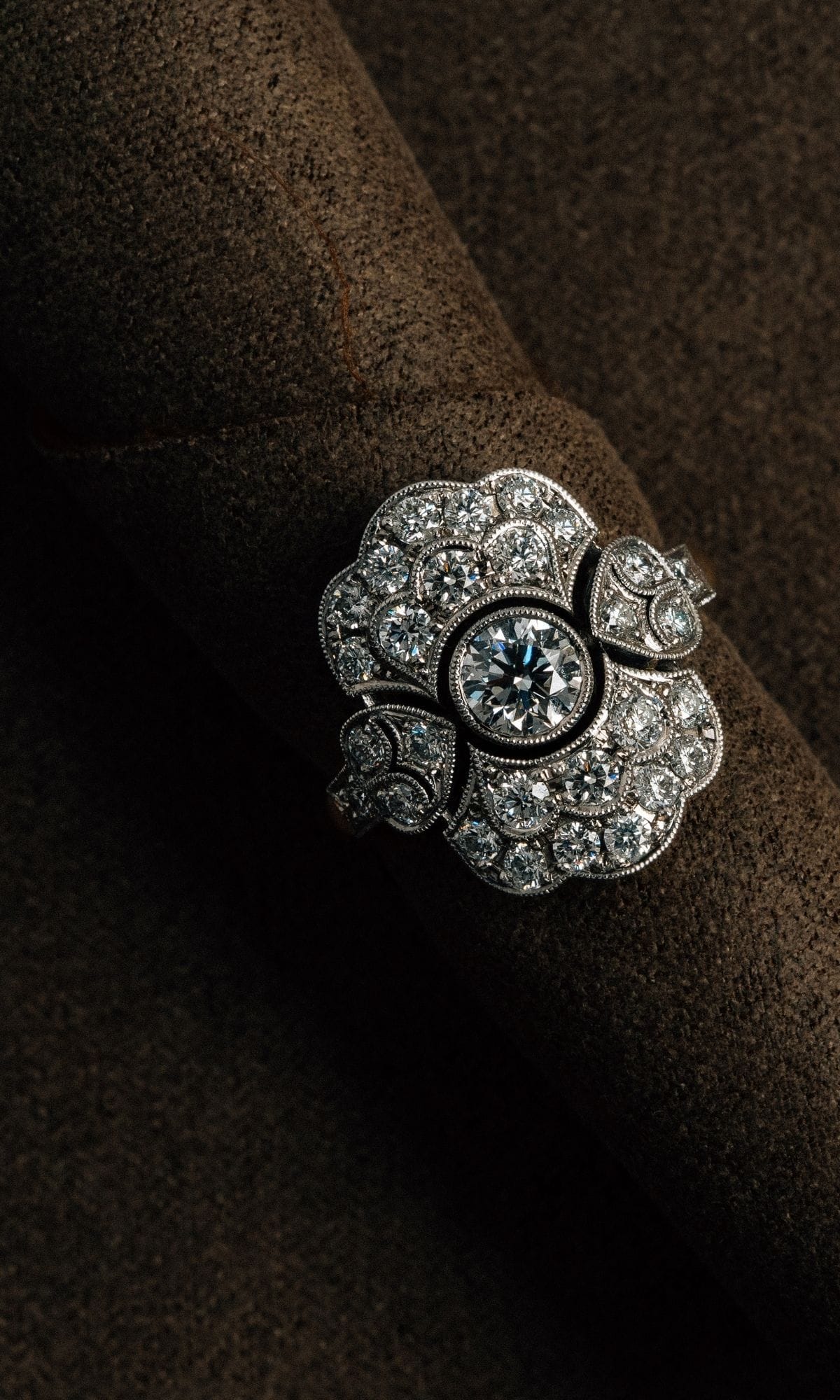 Hogans Family Jewellers Bespoke 18K YWG Diamond Art Deco Cluster Ring