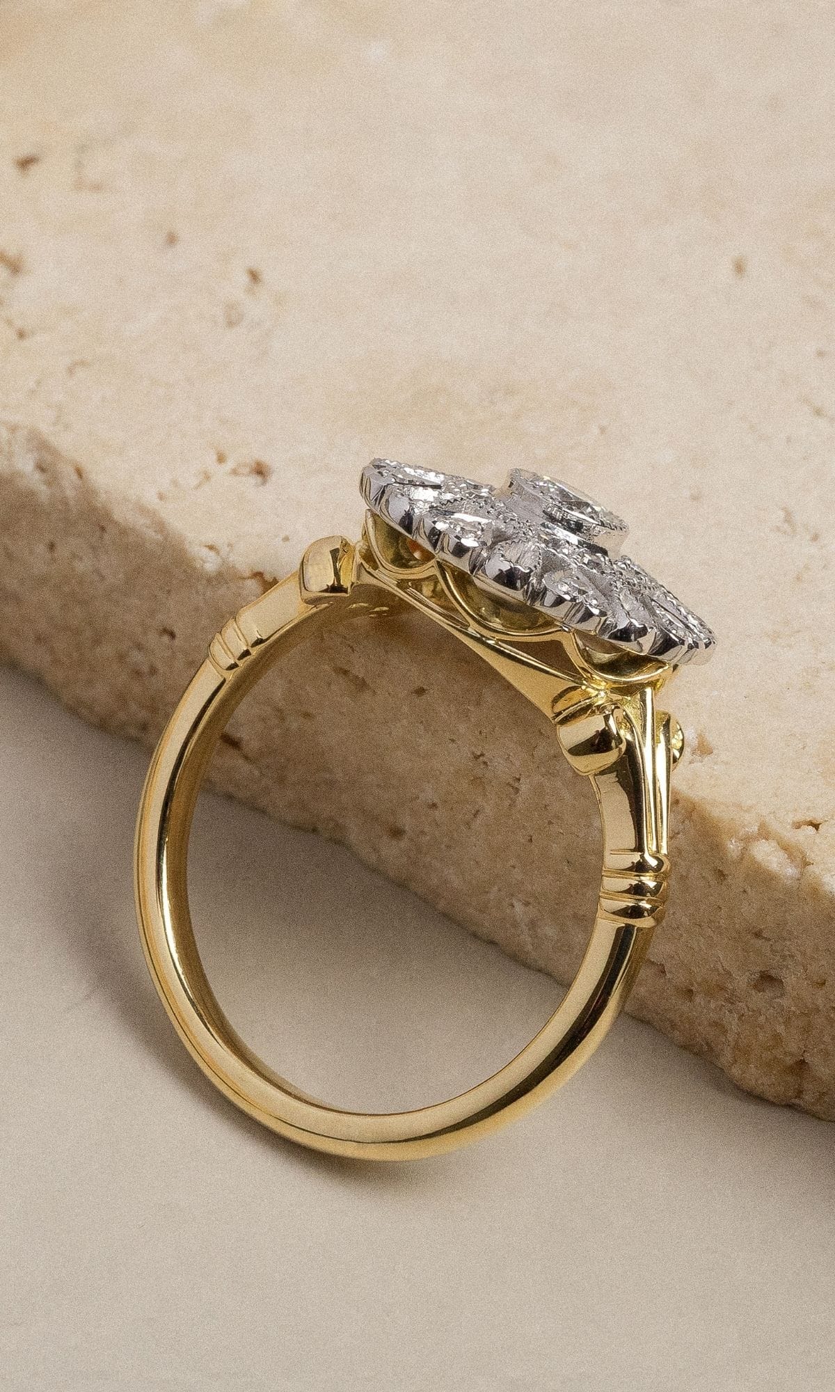 Hogans Family Jewellers Bespoke 18K YWG Diamond Vintage Cluster Ring