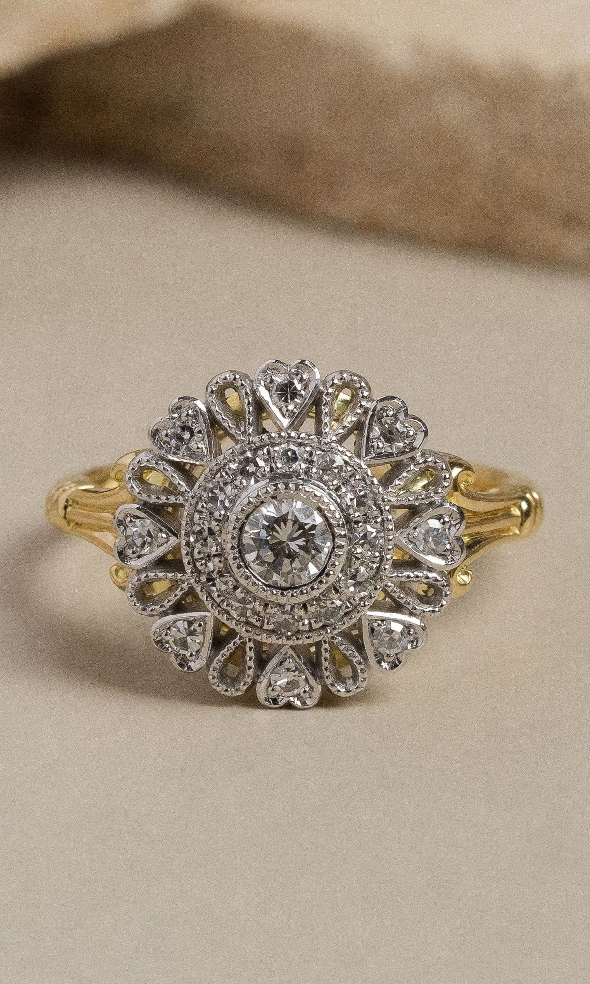 Hogans Family Jewellers Bespoke 18K YWG Diamond Vintage Cluster Ring
