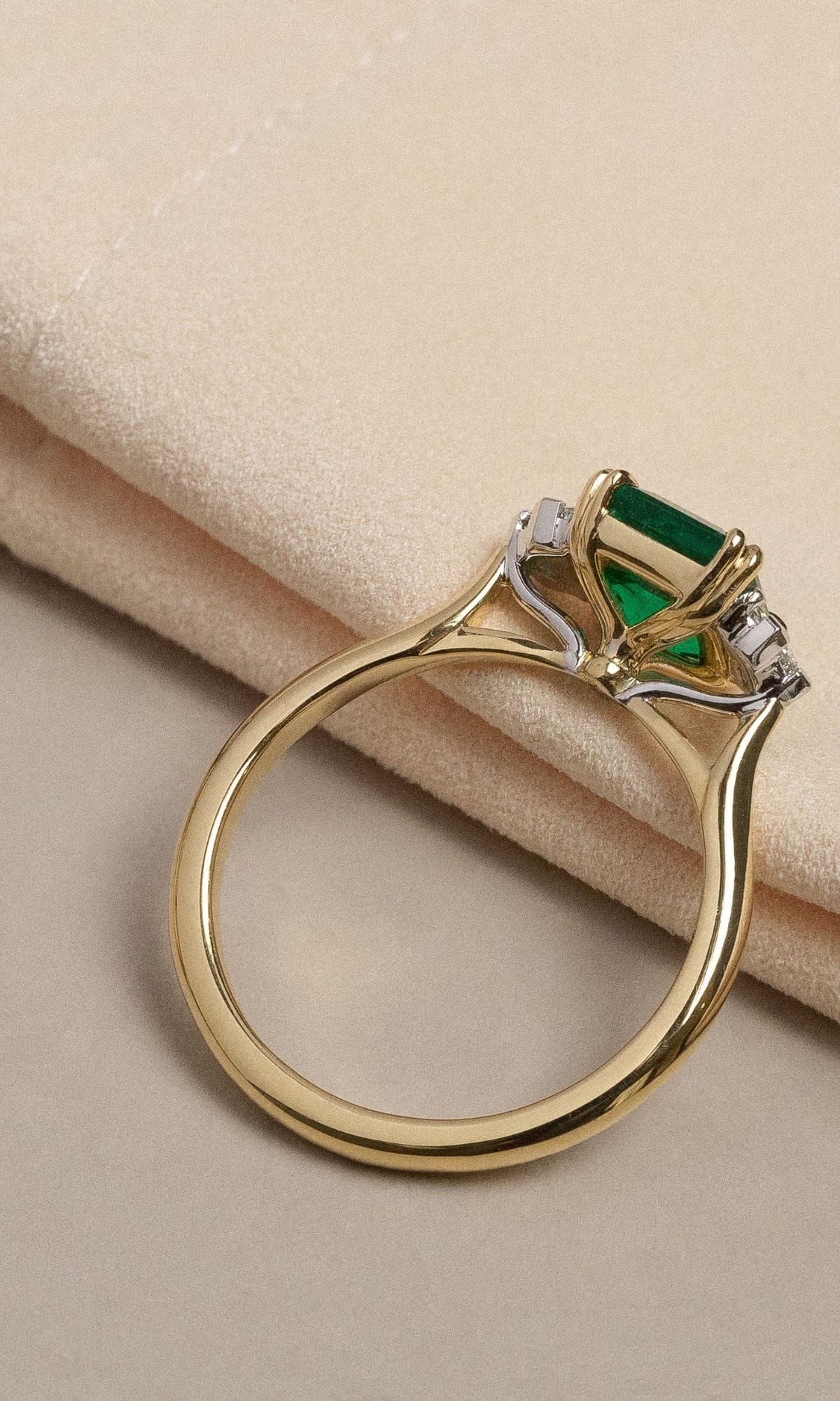 Hogans Family Jewellers Bespoke 18K YWG Emerald & Diamond Trilogy Dress Ring