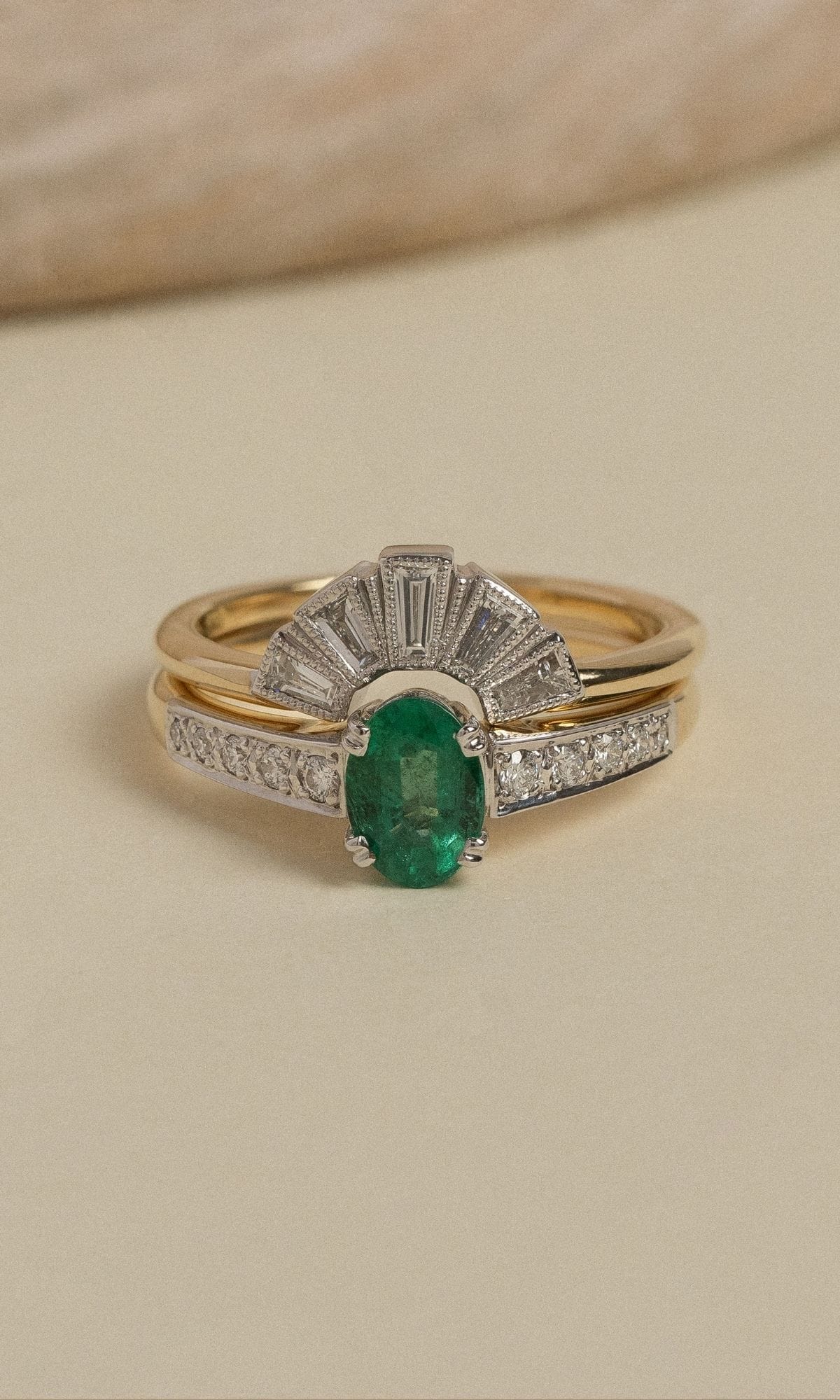 Hogans Family Jewellers Bespoke 18K YWG Emerald Solitaire Ring & Diamond Contoured Band