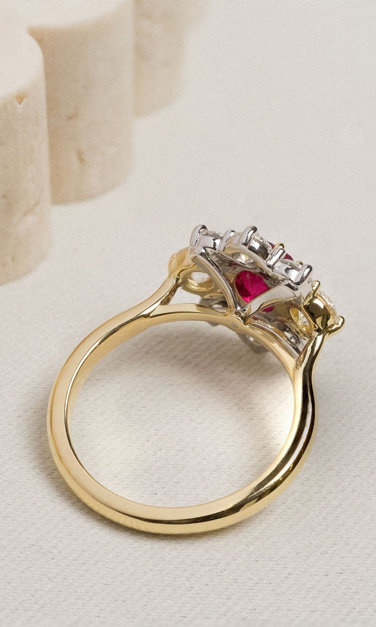 Hogans Family Jewellers Bespoke 18K YWG Ruby & Diamond Halo Ring