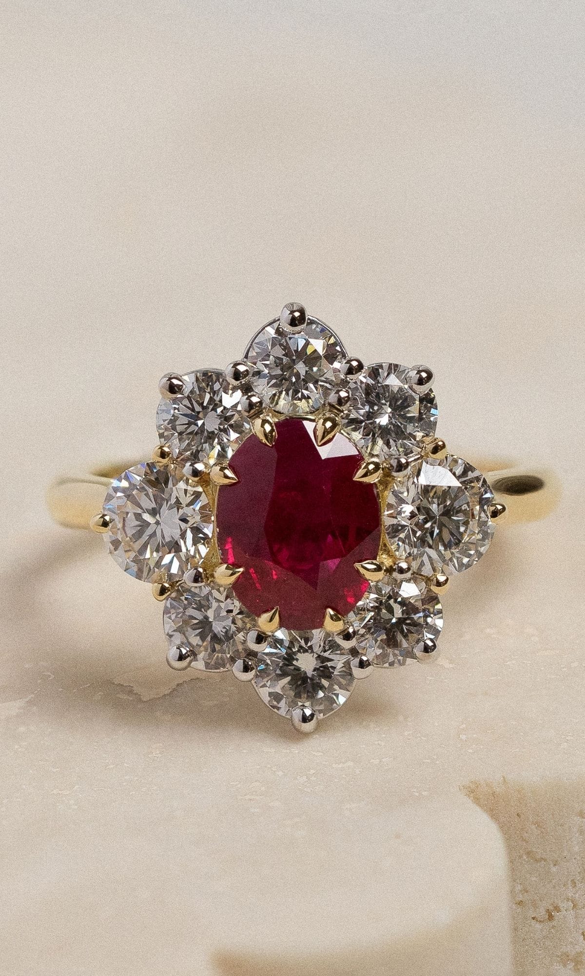 Hogans Family Jewellers Bespoke 18K YWG Ruby & Diamond Halo Ring