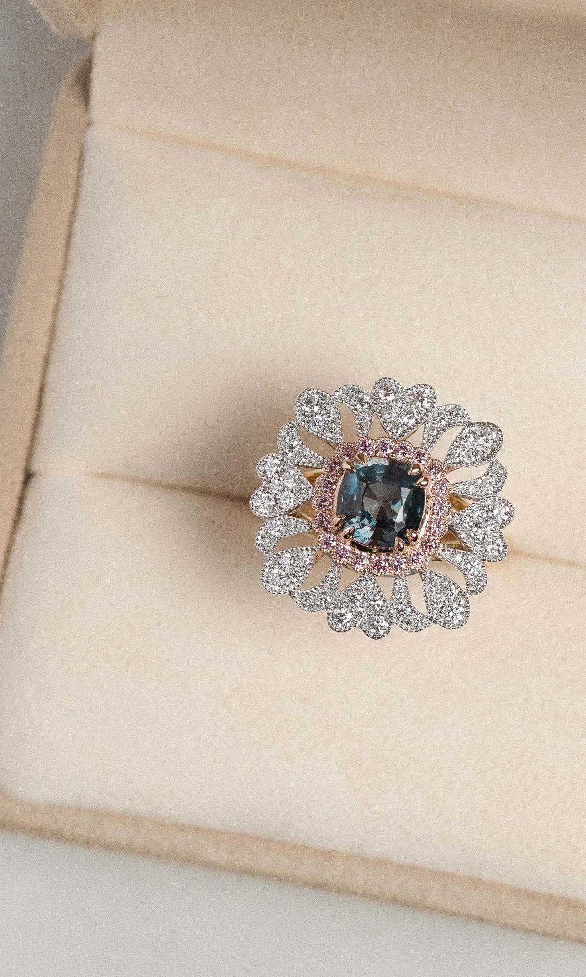 Hogans Family Jewellers Bespoke 18K YWRG Alexandrite & Australian Pink Diamond Cluster Ring